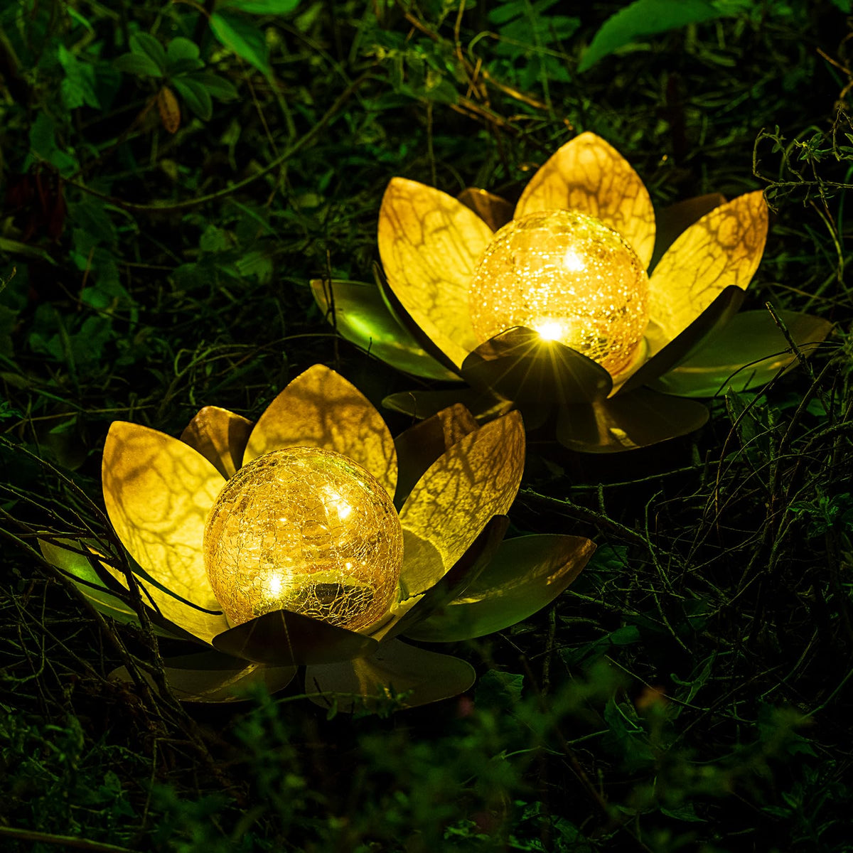 AIINY Garden Solar Lights Outdoor(2Pack) , Amber Crackle Globe Glass Lotus Decoration , Waterproof Orange Metal LED Flower Light