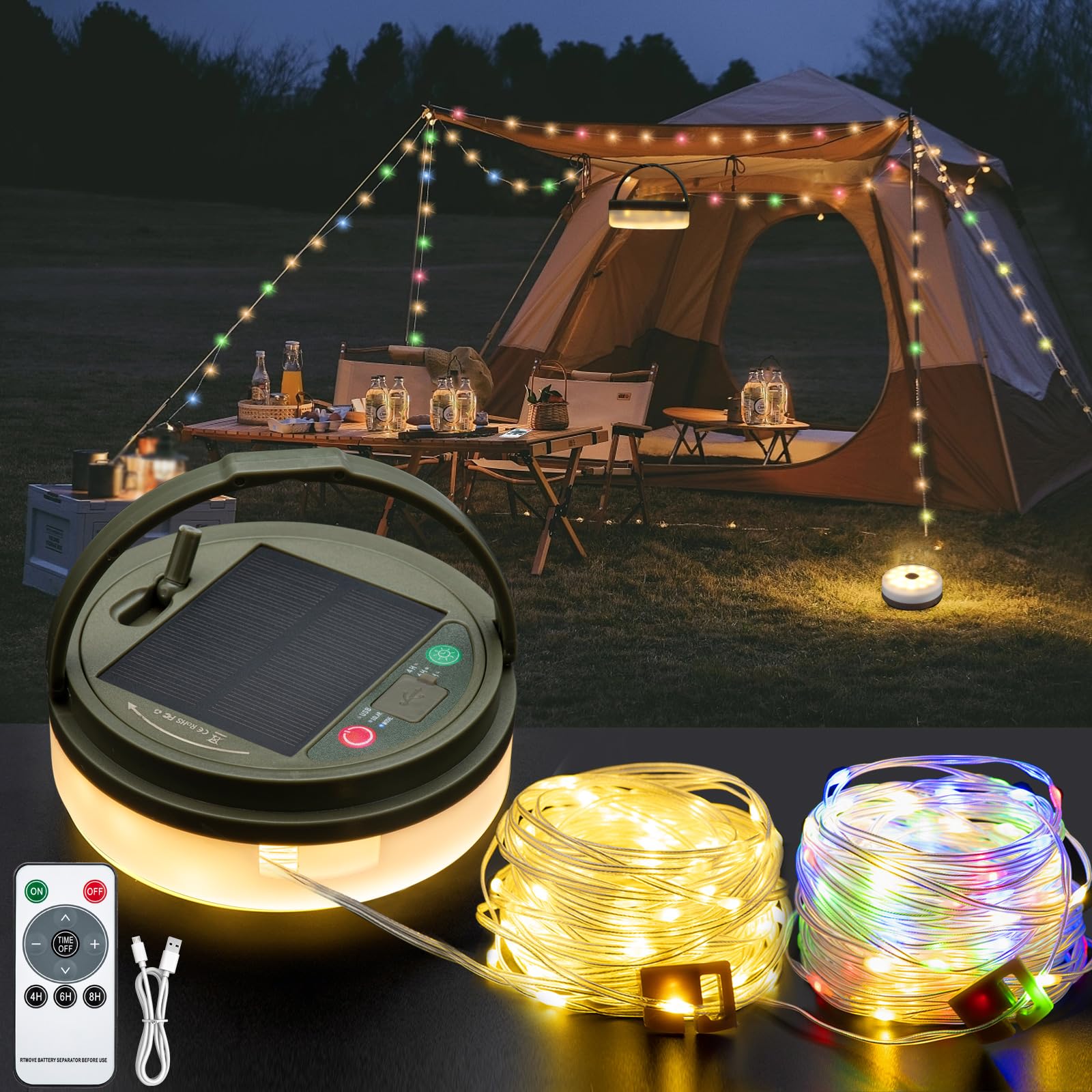 Sutaig Solar Camping String Lights, 4-in-1 Lantern, 8 Modes, 32.8Ft, Waterproof, Type-C Fast Charging, Portable for Camping/Yard/Hiking