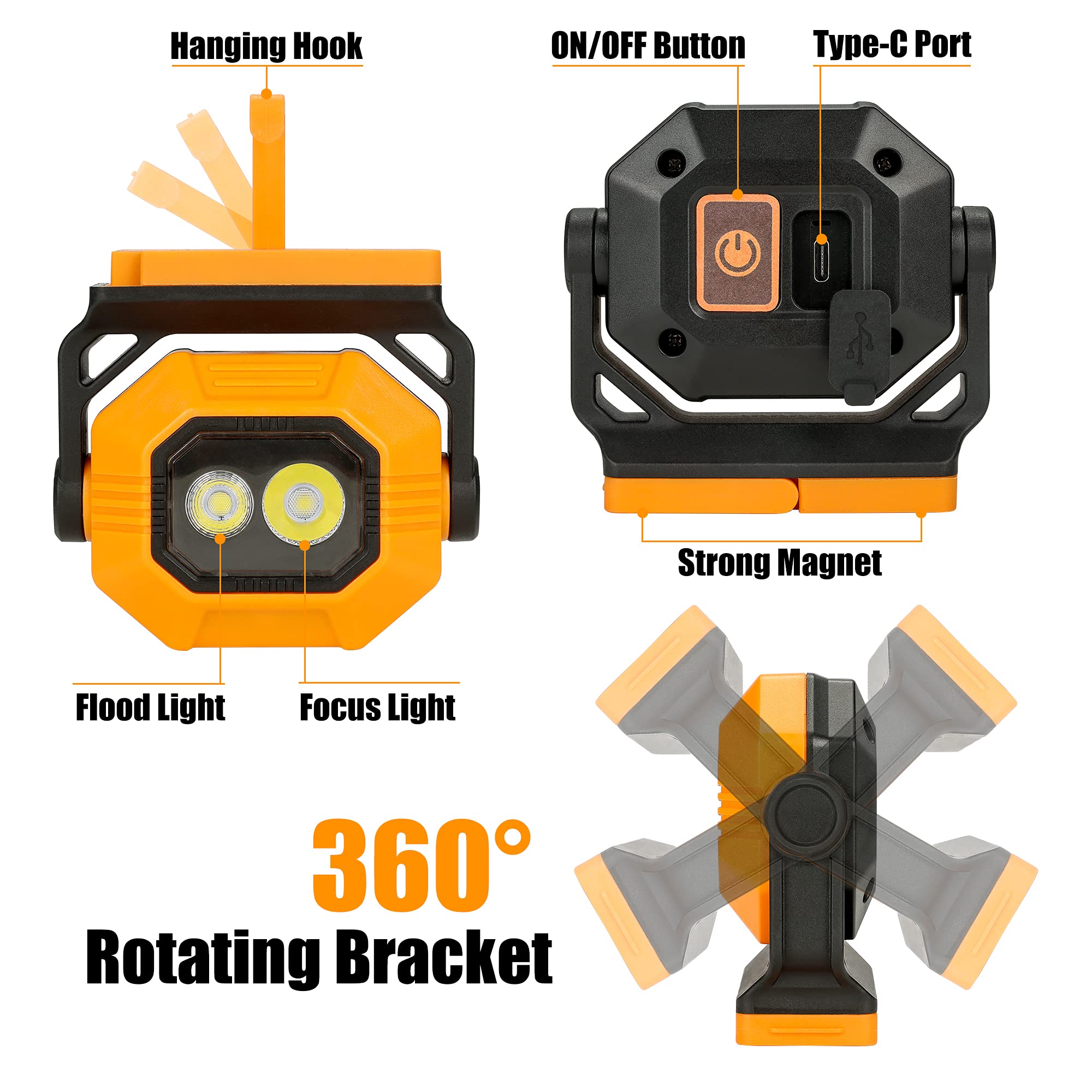 Led Rechargeable Work Light, 1500Lm Portable Cob Magnetic Lights With 3 Modes & 360°Rotatable, Ipx4 Waterproof Worklight For Car Repairing, Job Site Lighting, Emergency (2 Pcs)