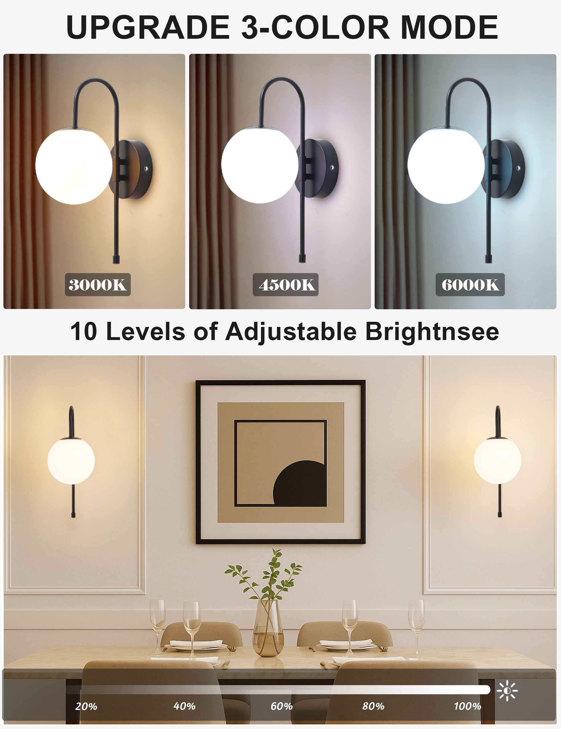 MSTETO Battery Operated Globe Wall Sconces Set of 2, Matte Black, Wireless, Remote Control, Rechargeable, Gooseneck, Model MTIW-109B2