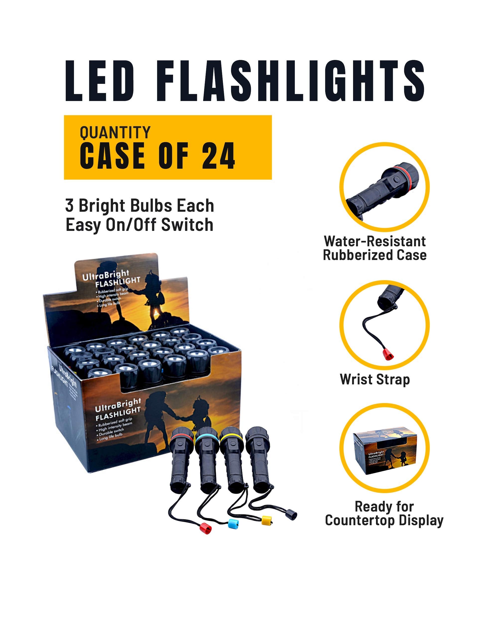 Barton Outdoor Led Flashlights - 3 Bright Bulbs Each - Easy On/Off Switch - Water-Resistant Rubberized Case - Wrist Strap - Box Of 24 - Ready For Countertop Display
