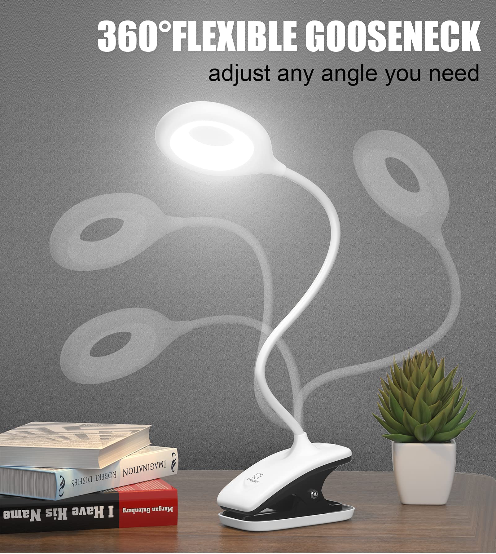 Deeplite Led Desk Lamp Clip On Lamp Battery Powered Clip On Light Book Light For Bed, Eye-Caring Flexible Arm Memory Touch 3 Col