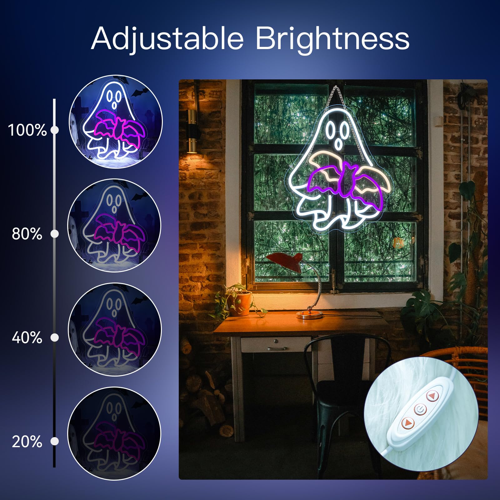WLHOPE Ghost Bat Neon Sign - Dimmable LED Wall Decor for Halloween, Bar, Party - 12.6x15.74in, USB Powered
