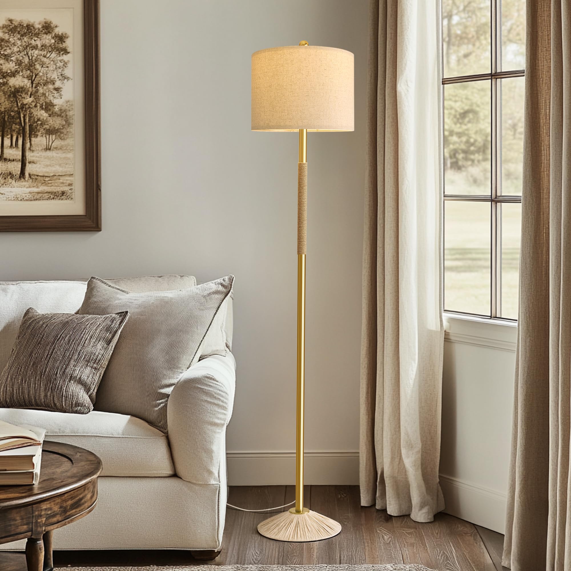 Oneach 63    Modern Floor Lamp For Living Room, Gold Boho Standing Lamp With Unique Rope Design, Rotary Switch, Farmhouse Tall L