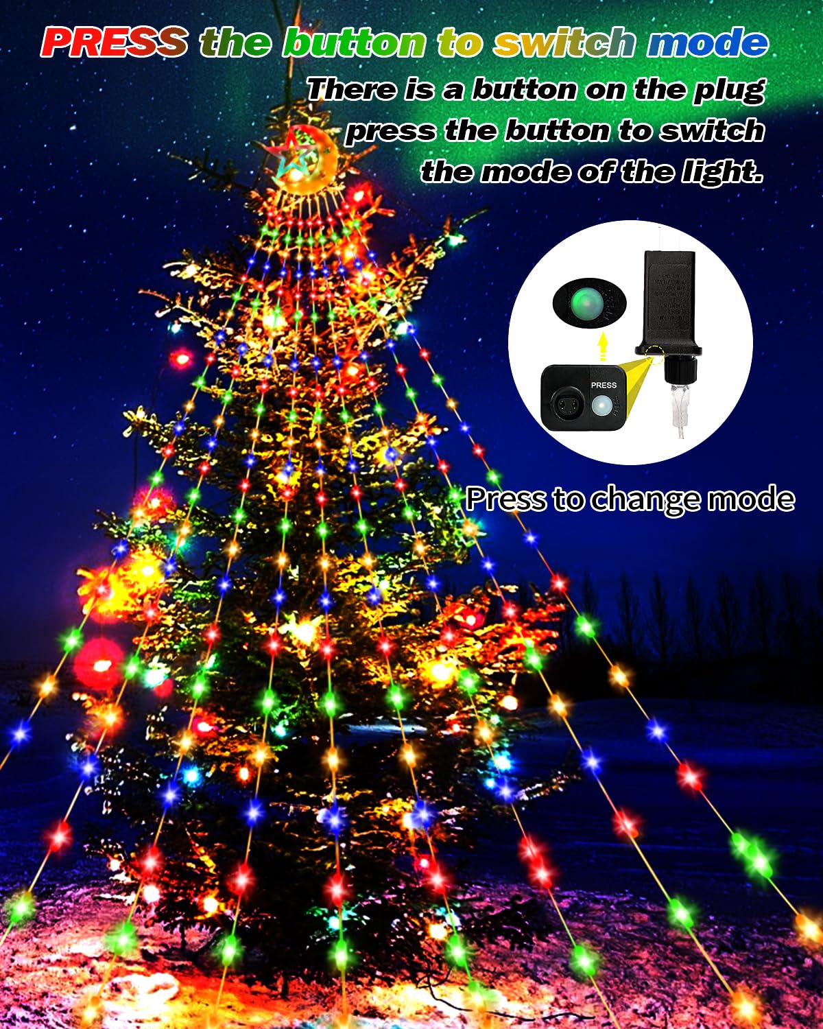 KISPATTI 23FT Outdoor Christmas Lights, 655 LED Multi-color with Star & Moon, 8 Modes for Yard Patio Holiday Decorations