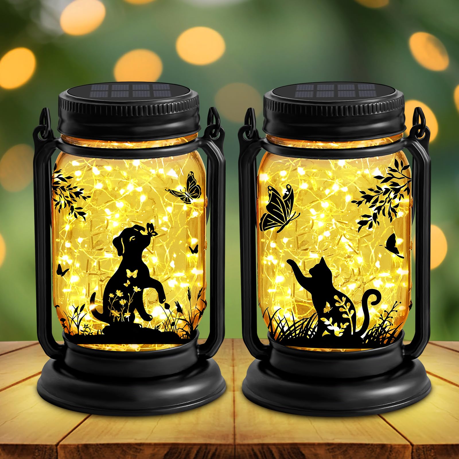 2 Pack Cat Solar Lanterns Outdoor, Cat & Dog Butterfly Vintage Glass Mason Jar, Birthday Mothers Day Gifts for Mom, Grandma, Wom