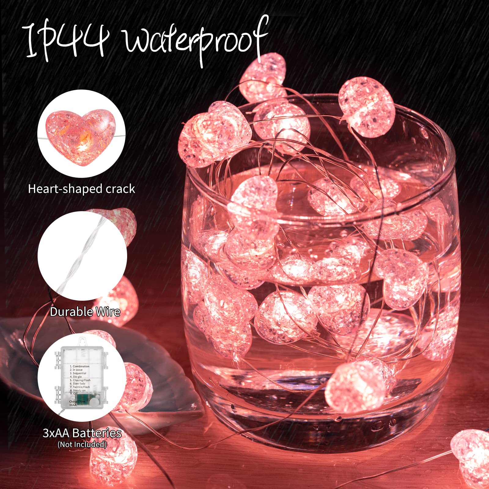 Brightown 10.5ft Fairy String Lights - 30 LED Pink Heart, Battery Operated with Timer & Remote, Perfect for Valentine's Day & Weddings