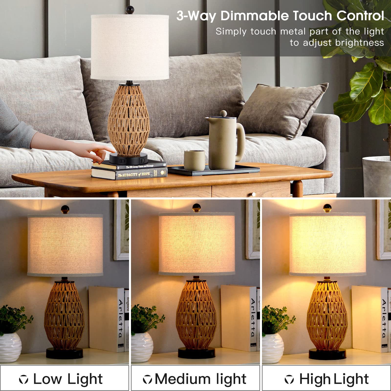 CINSARY Rattan Touch Control Table Lamp, 3-Way Dimmable, 2 USB Ports & AC Outlet, Model TD-002, Ideal for Bedroom & Living Room