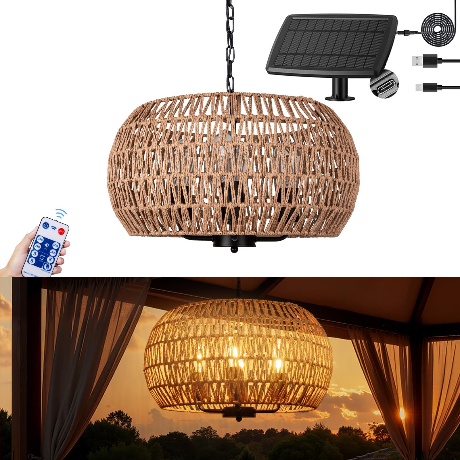 ALL FORTUNE Outdoor Solar Chandelier, 4-Light Waterproof Hanging Lights, Extra Large 19in, Beige, Model OP-68232-SO