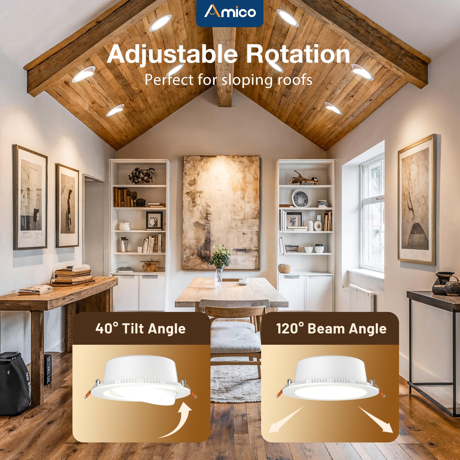 Amico 6 Pack 6 Inch Gimbal Led Recessed Lighting, 40 Tilt Adjustable Directional Canless Downlight, 2700K/3000K/3500K/4000K/5000