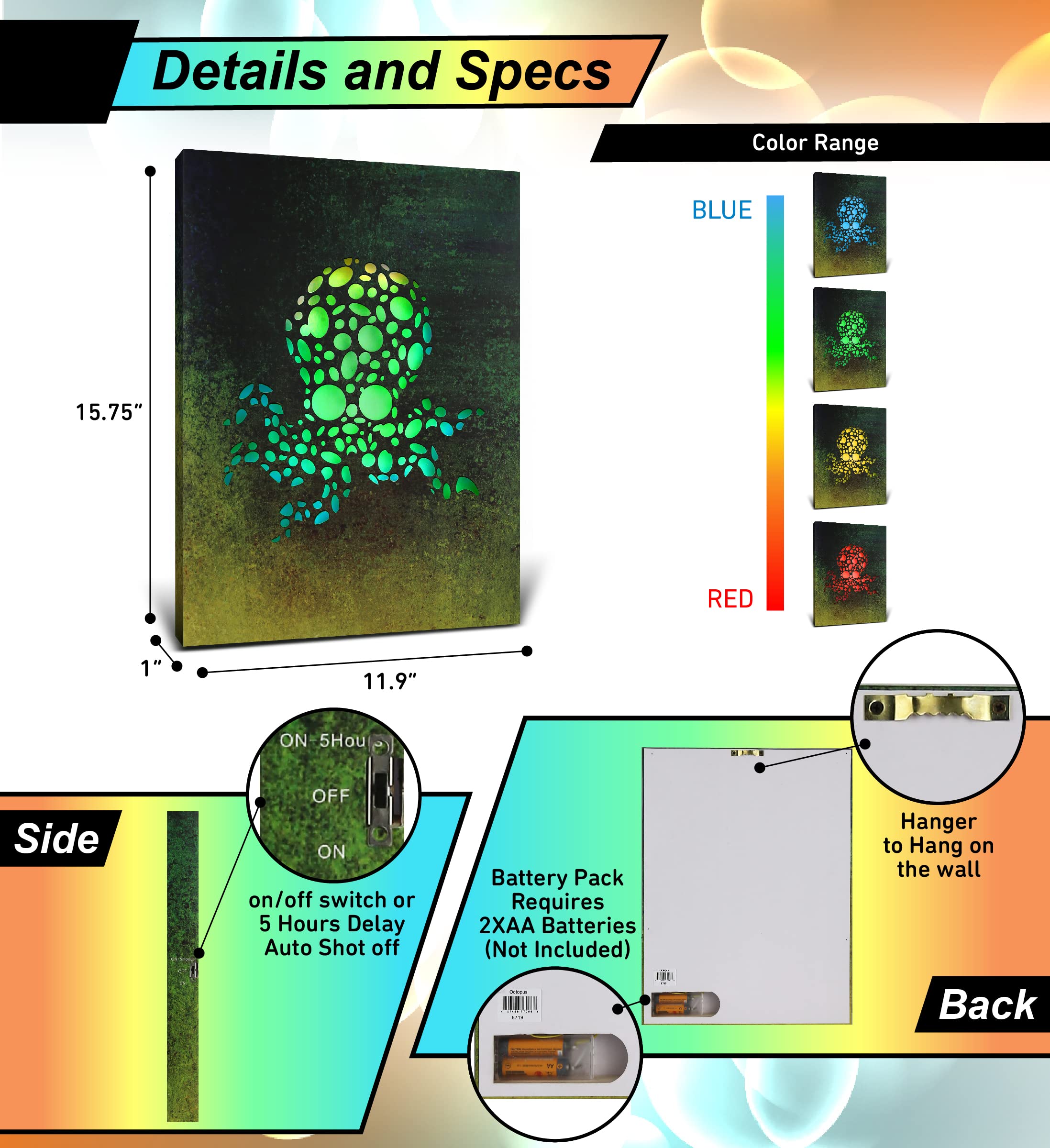 Cota Global Octopus Light Up Led Wall Art - Fun Changing Color Led Light Up Picture Art For Bedroom, Modern Wall Hang Living Roo