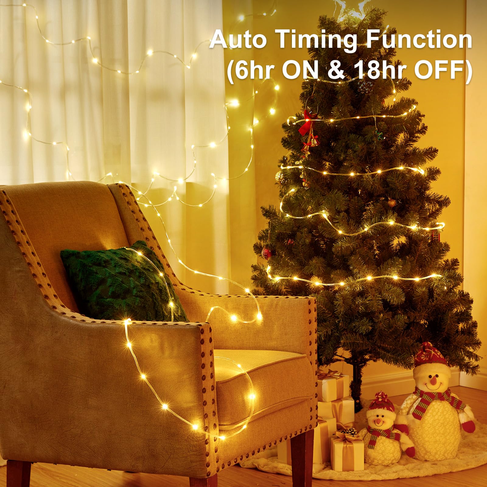Minetom String Lights Battery Operated, 40Ft 100 Led Outdoor Rope Lights Battery Operated, Christmas String Lights With Timer, 8 Mode, Christmas Rope Lights For Outside Bedroom Indoor, Warm White