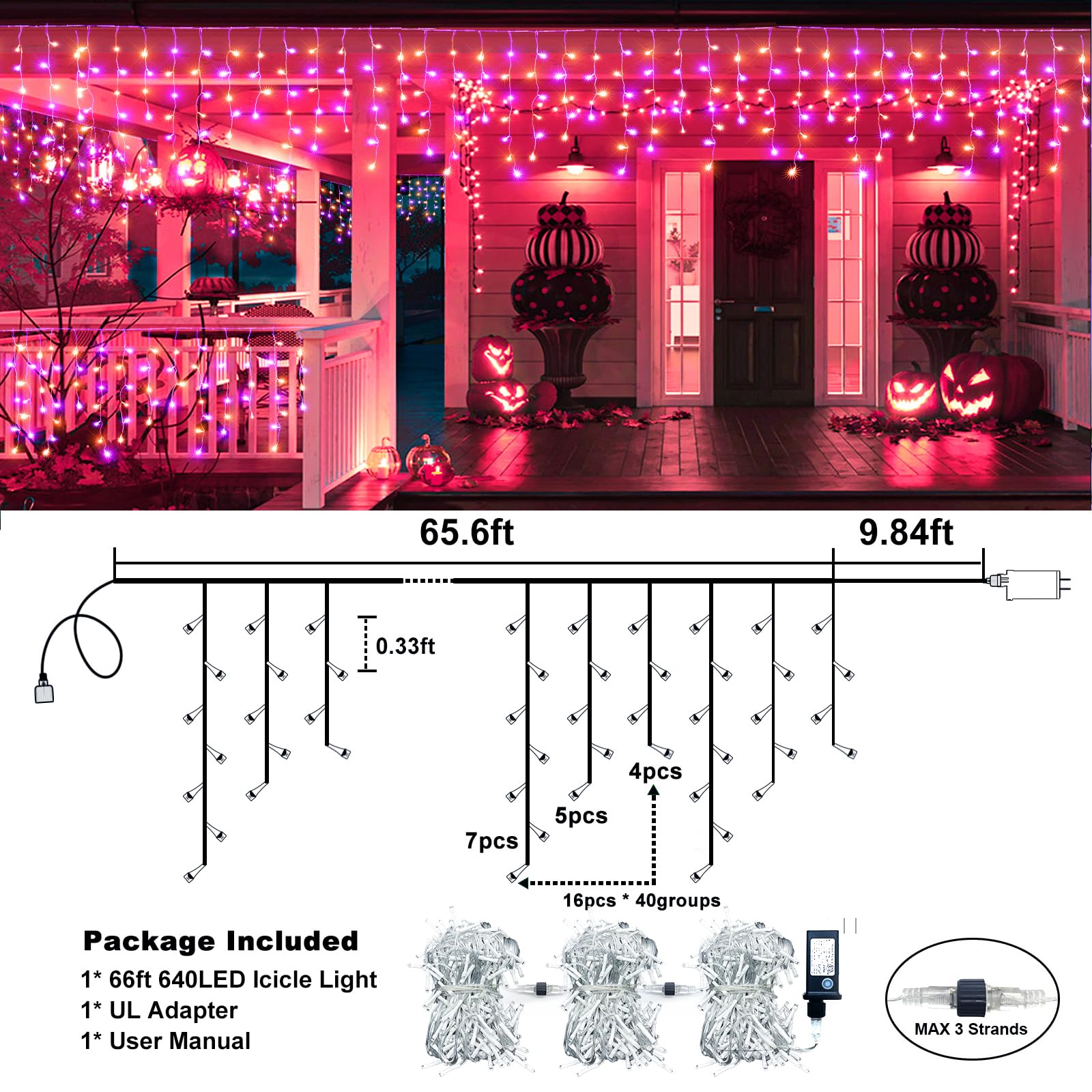 Xmasbokeh 66Ft 640 Led Christmas Lights Outdoor, Purple Orange Icicle String Lights With 8 Modes 120 Drops Waterproof, Plug In Curtain String Lights For Indoor House Room Patio Party Decorations