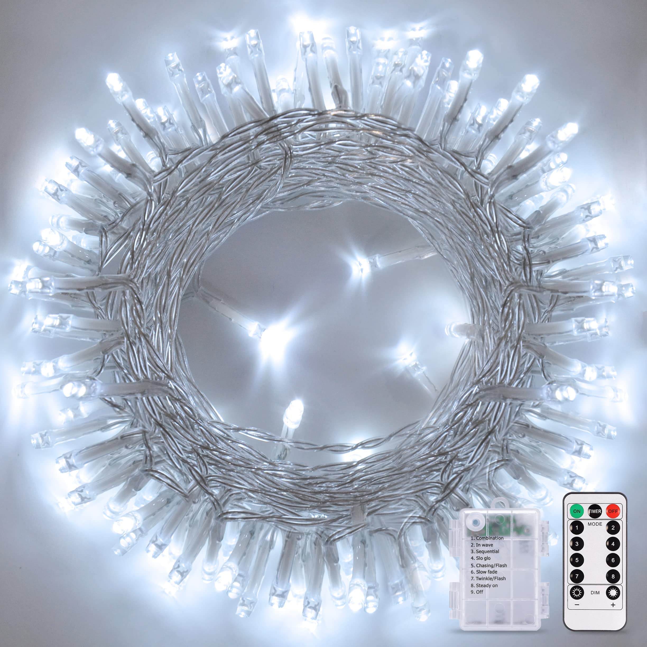 JMEXSUSS Battery Operated String Lights, 33ft, 100 LED, Waterproof, 8 Modes, Remote, Cool White, Indoor/Outdoor, Christmas, Wedding Decor