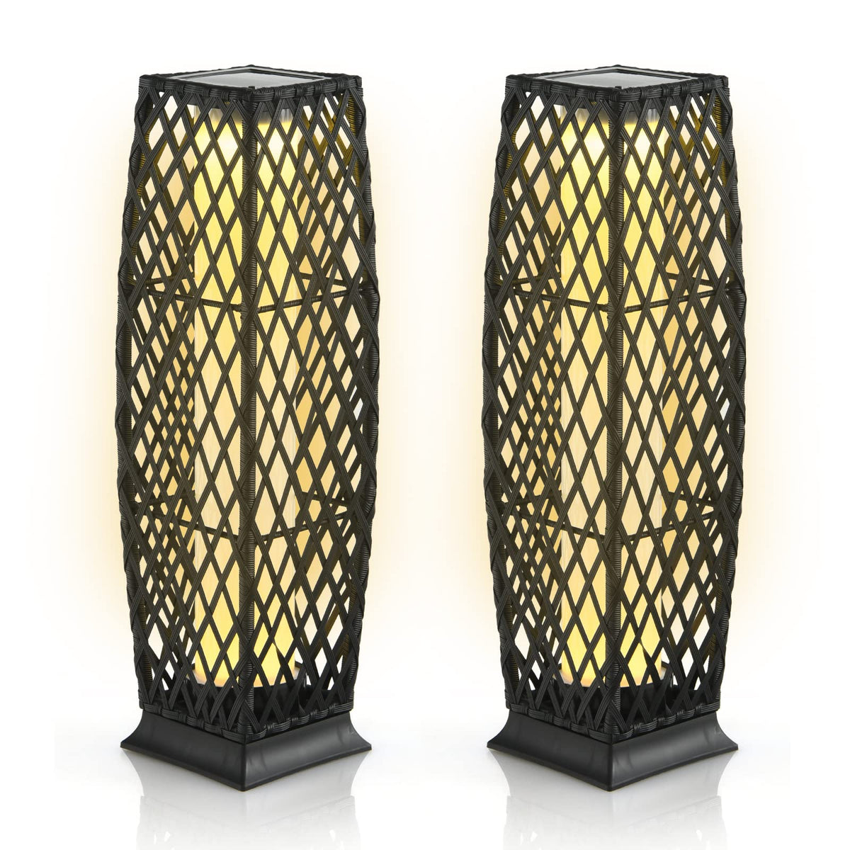 Tangkula 2 Pieces Outdoor Solar Powered Floor Lamps, Ip65 Waterproof Wicker Floor Lamps With Auto On/Off Led Light, Outdoor Deco