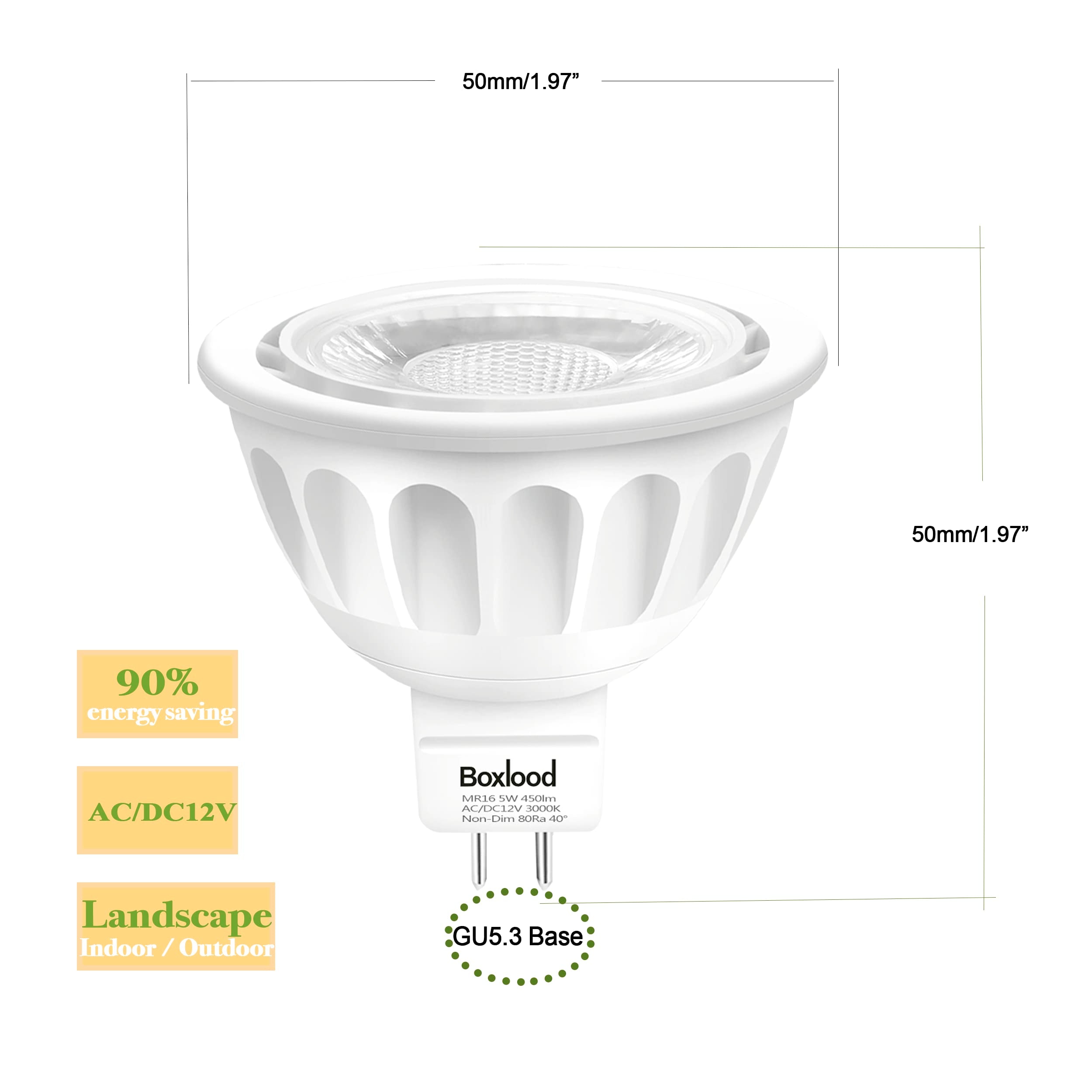 Boxlood MR16 LED Light Bulb, 5W, 3000K Warm White, GU5.3 Bi-Pin Base, 6-Pack, Energy Saving, Non-Dimmable