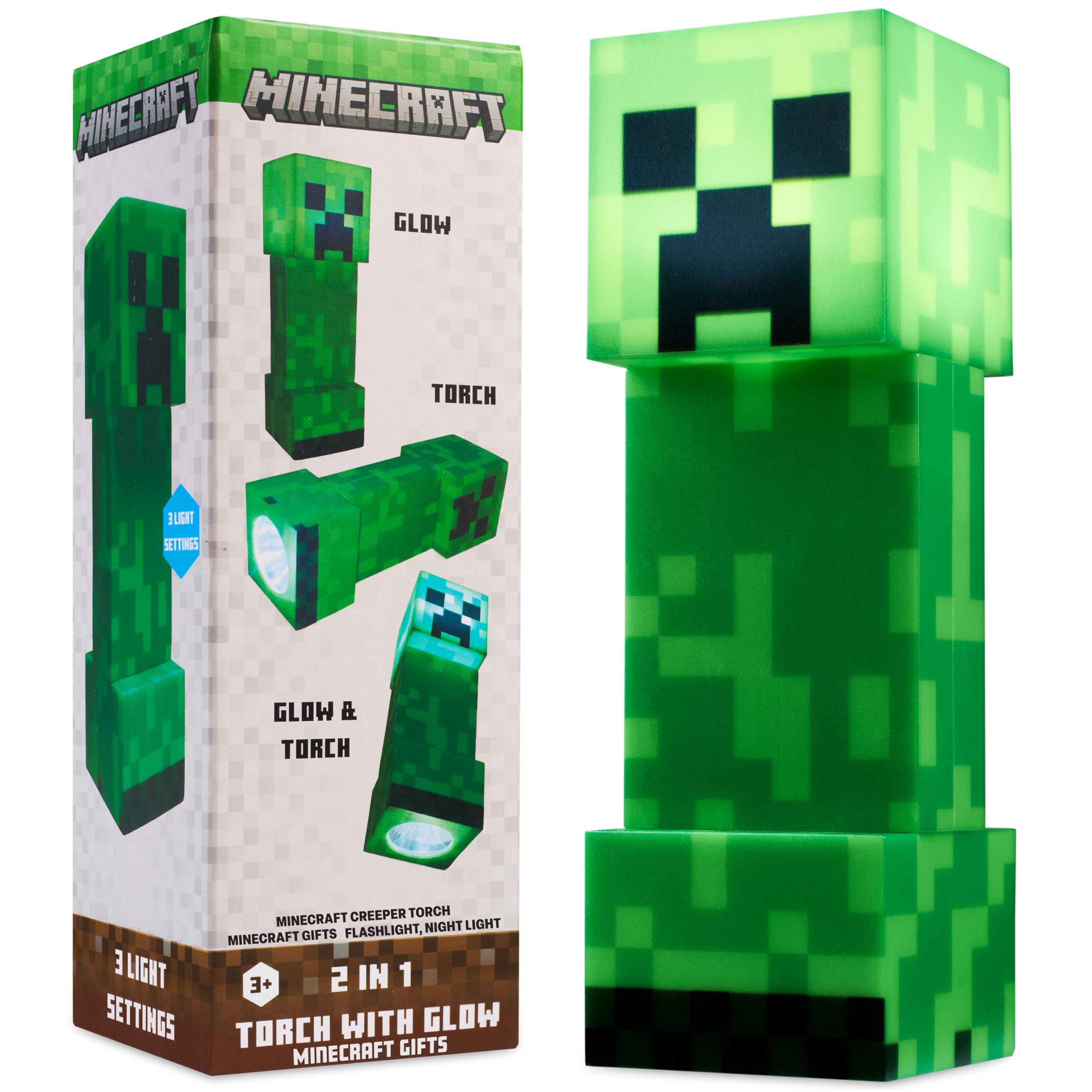 Minecraft Creeper Torch Night Light for Kids, 2-in-1 Flashlight and Lamp with USB and Battery Power, Bedroom Decor, Desk Light, 
