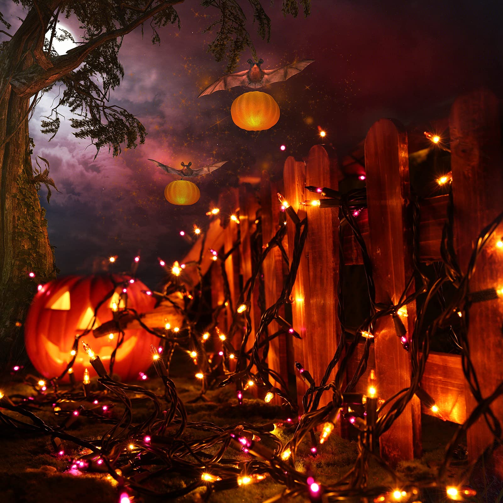 Toodour Halloween String Lights, 300 Count Mini Bulbs, 77ft, Orange & Purple, UL Certified, Black Wire