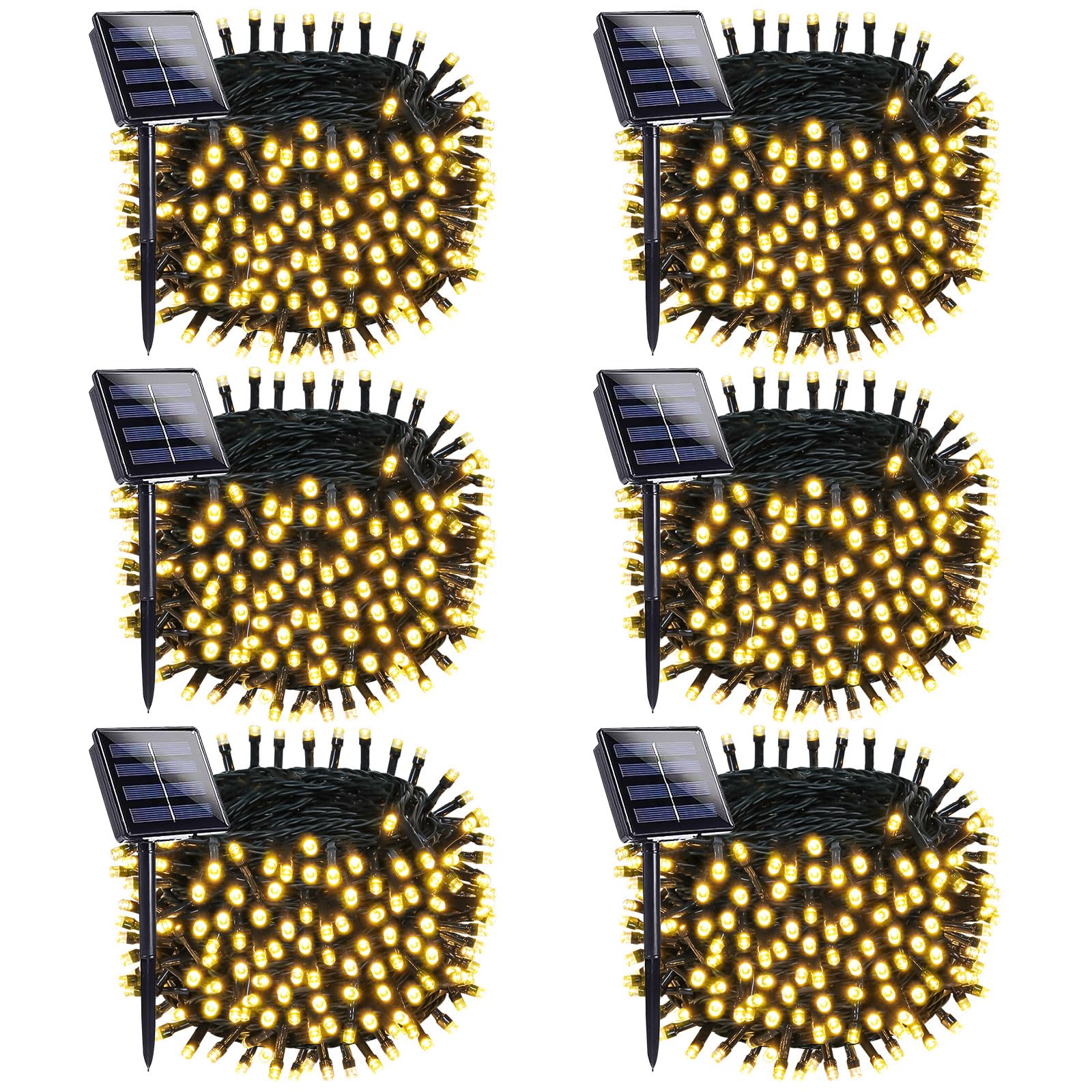 OZS Solar Christmas String Lights 480LED, Waterproof, 8 Modes, 6 Pack, Warm White, Green Wire