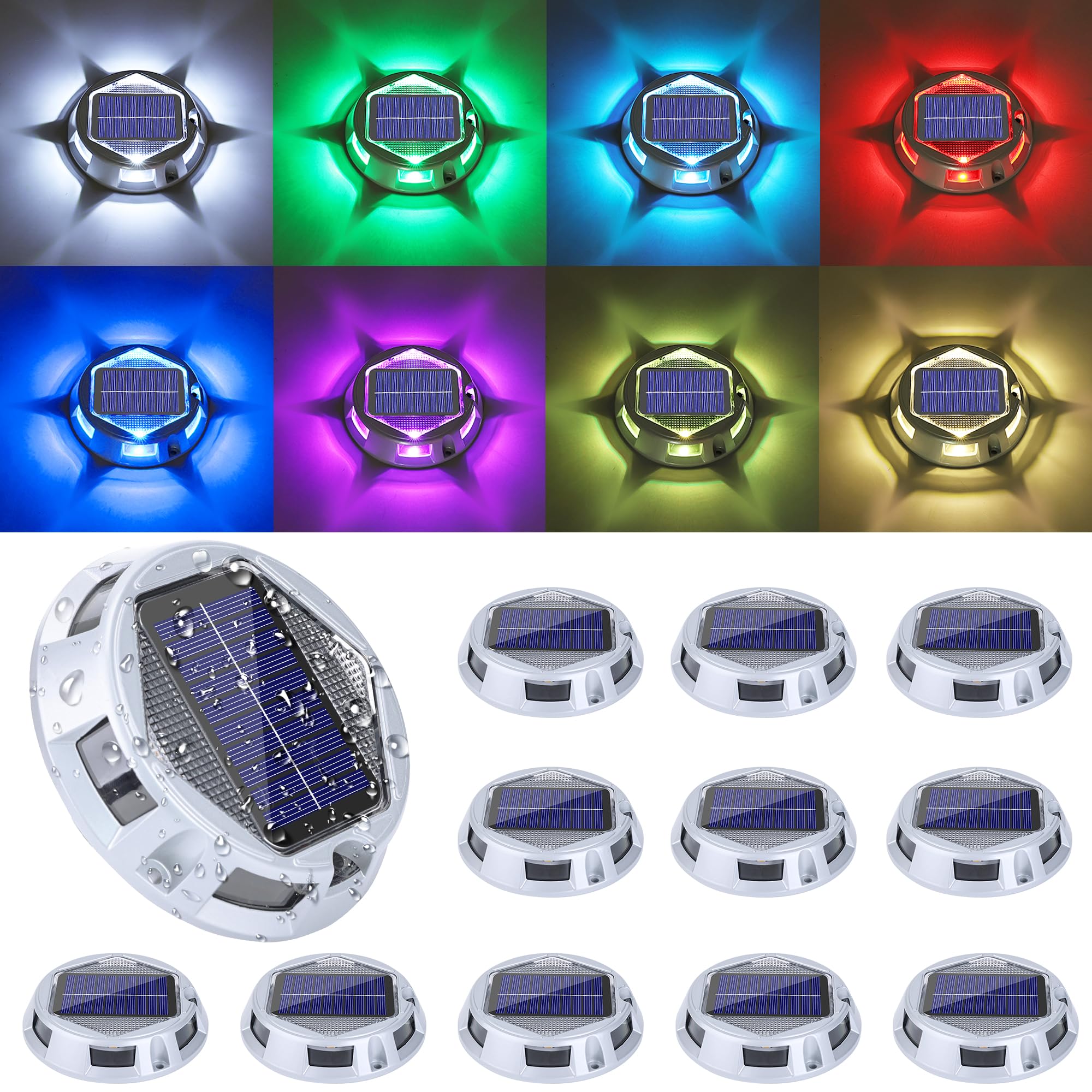 Solar Deck Light Outdoor, 12 Pack 9 Colors in 1 Solar Driveway Dock Lights, IP67 Waterproof Solar Powered Outdoor Light, RGB Ste