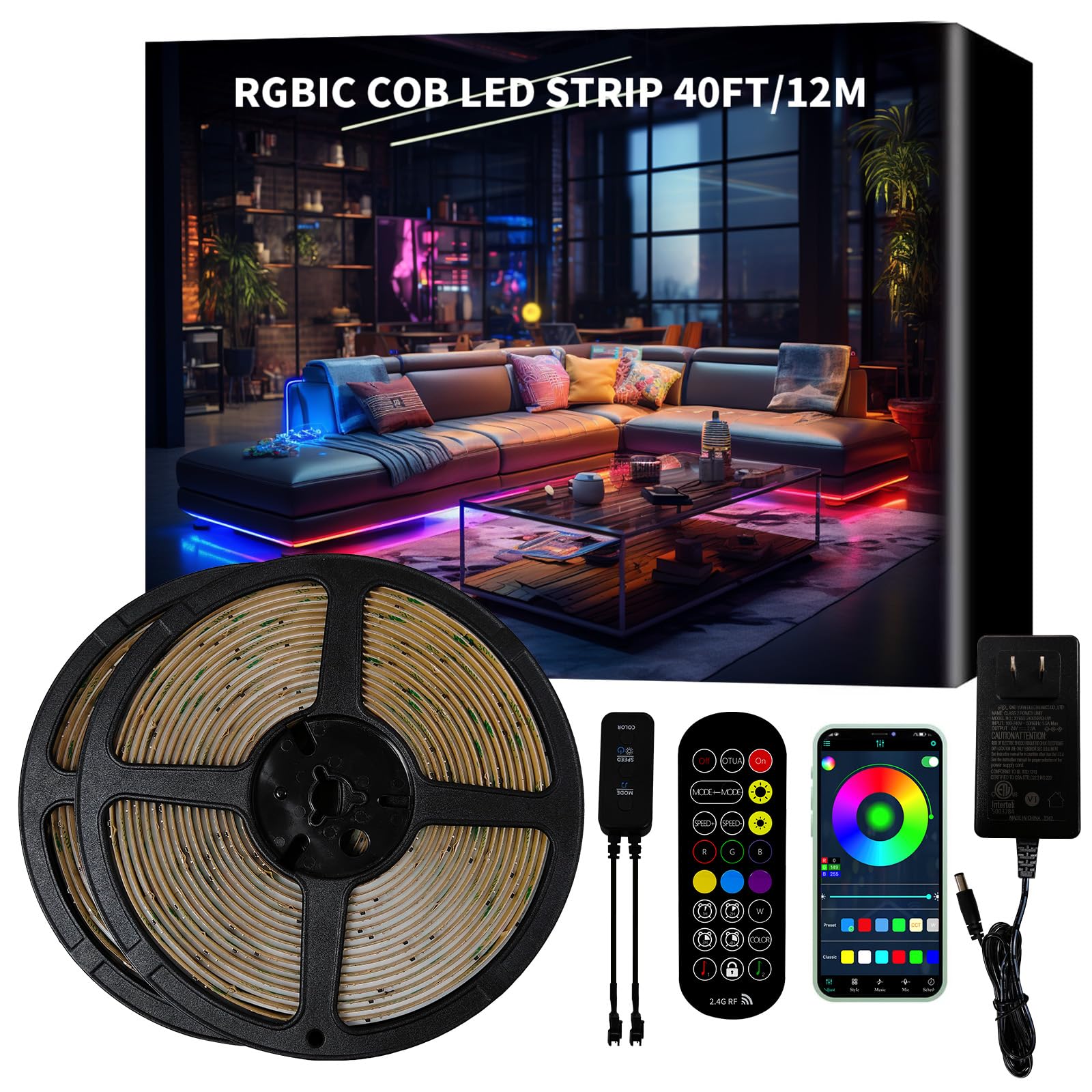 BUNACET COB RGB+IC LED Strip Lights, 40ft, Bright Color Changing, RF Remote, Music Sync, Model BNT-DE-LED-Lights, 2 Rolls