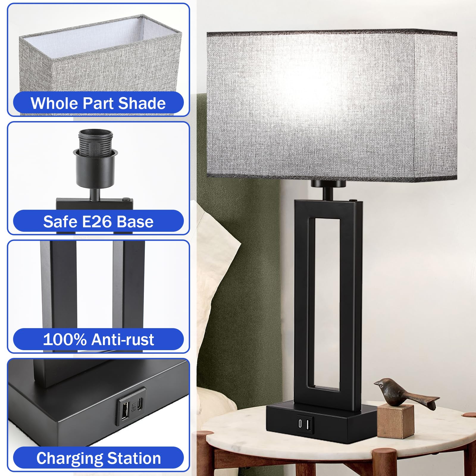 Modern Nightstand Lamps Set Of 2 - Touch Control Bedside Table Lamps With Usb C&A, 3 Way Dimmable For Bedrooms & Living Room, Gr