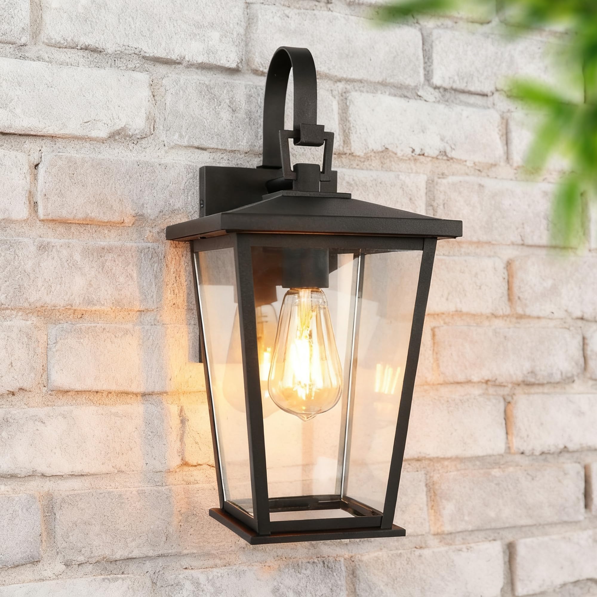 Kalium Outdoor Wall Lights Fixtures Lantern Frame 16 1/8   Outside Lights Black Transitional Durable Metal  Clear Glass for Post Exterior Barn Deck House Porch Yard Patio Garage Garden