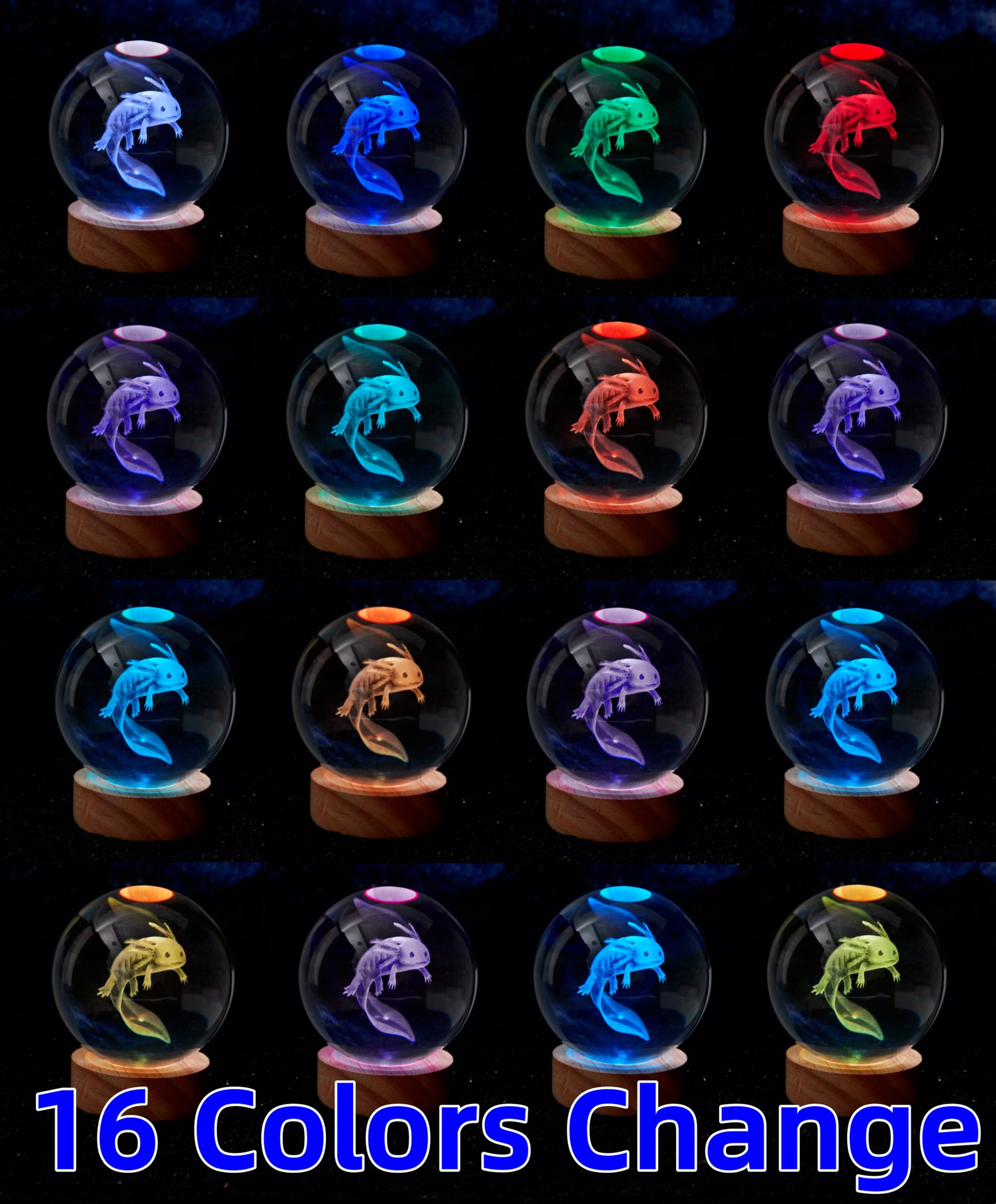 DIGFPWT Axolotl Crystal Ball Night Light, 3.15 Inch, LED Wooden Base, 16 Colors, Gift Box Packing, Color: Axolotl D