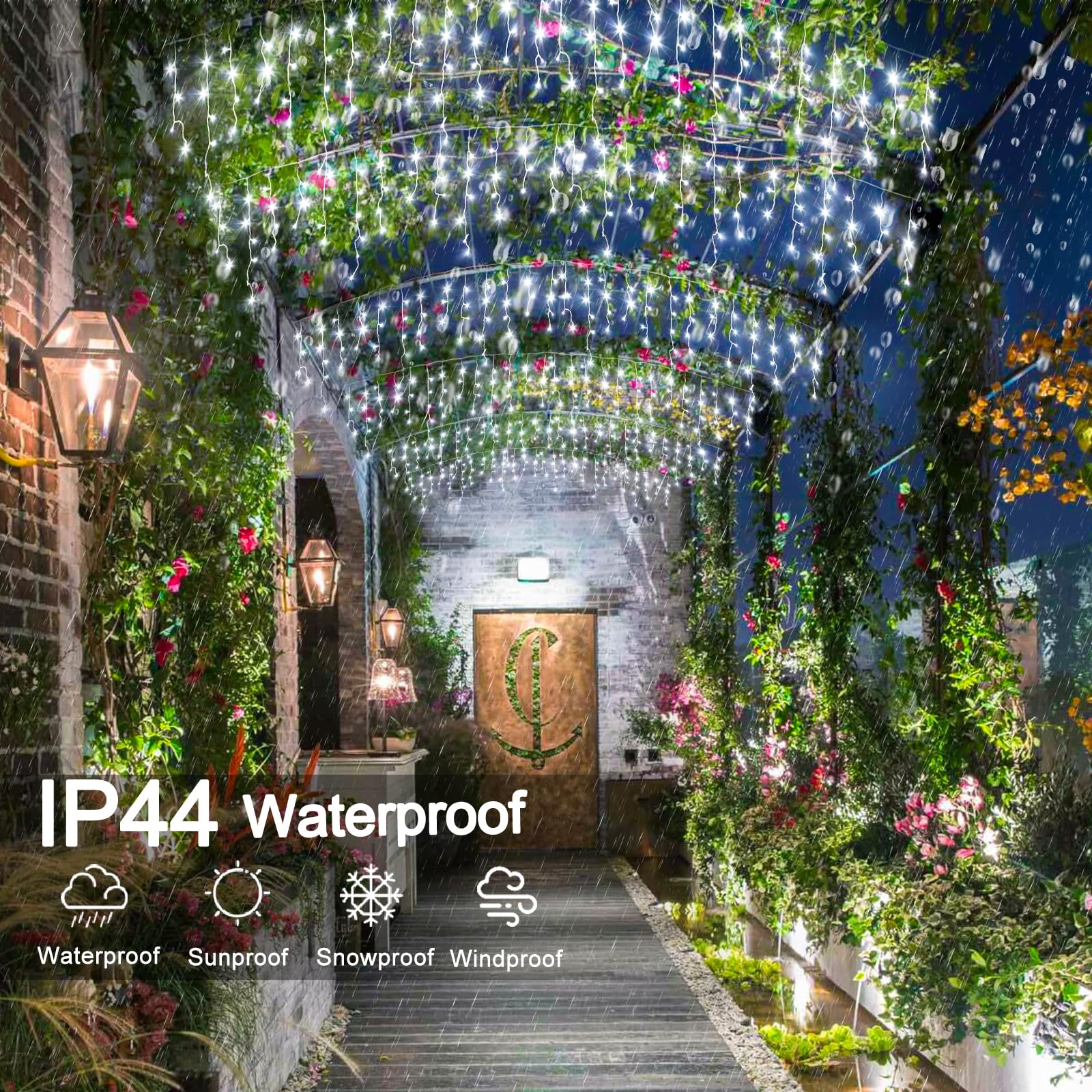 Nielfoi Outdoor Icicle Lights - 33ft, 400 LED, Cool White, Waterproof, 8 Modes, Model BG-CL3M3-306L01