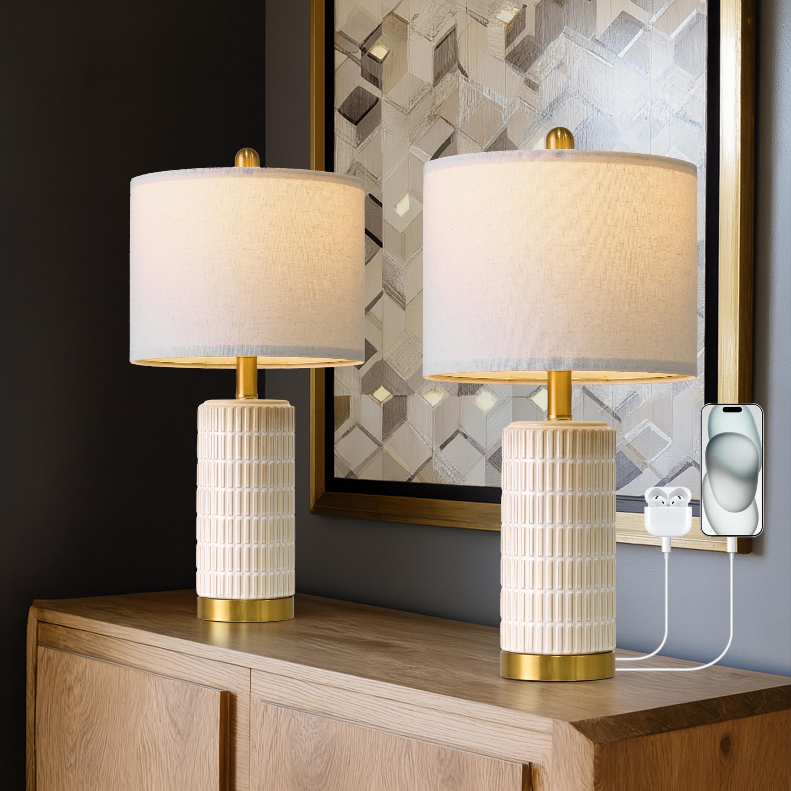 PoKat Small Bedside Table Lamps with USB Ports for Bedroom  21.5 White Nightstand Lamps for Night Stands  Modern Ceramic Bedroom Lamps for Living Room End Table  White and Beige