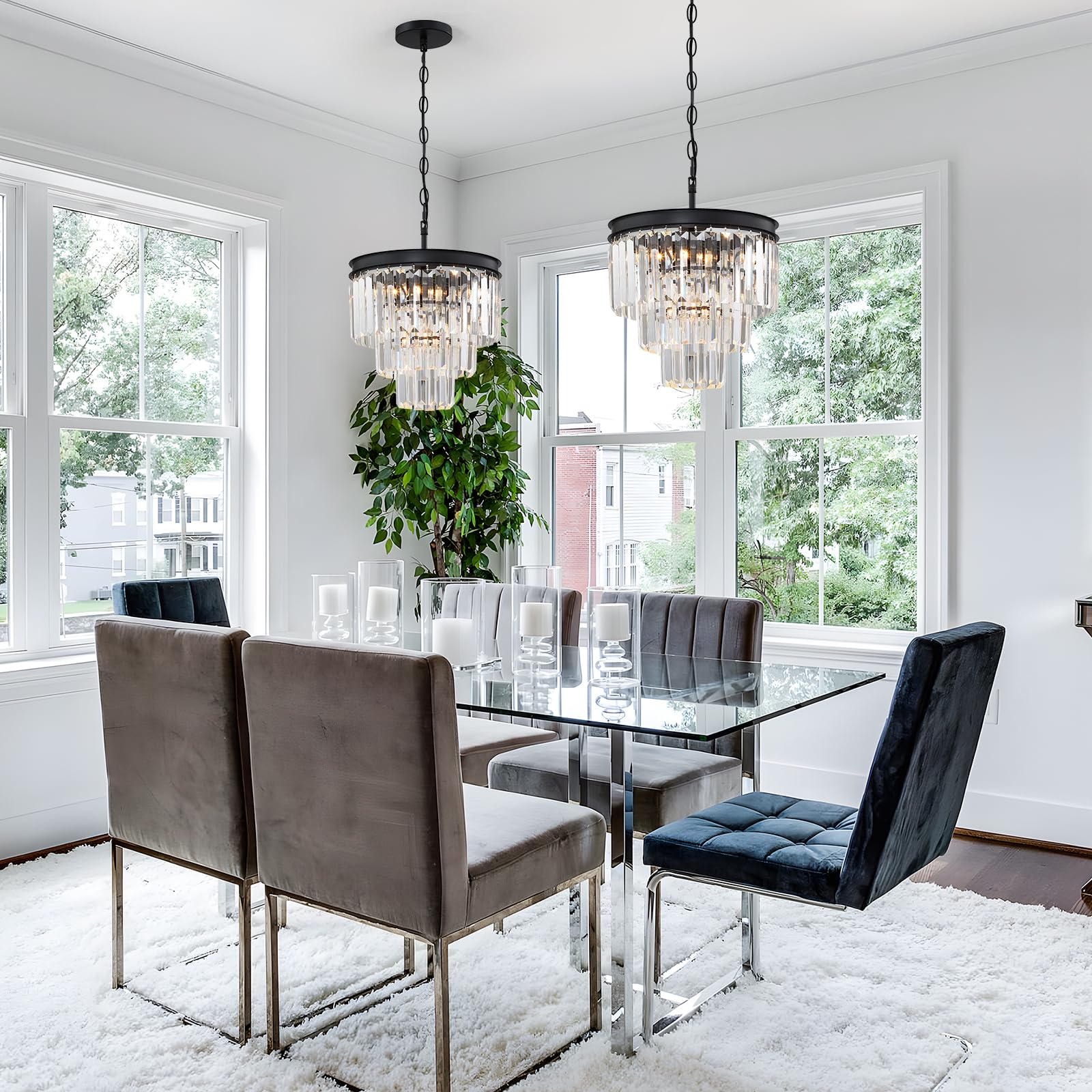 3 Tier Black Crystal Chandeliers, 12 Inch Modern Chandelier Light Fixture, Pendant Lighting Fixtures For Kitchen Island, Vintage