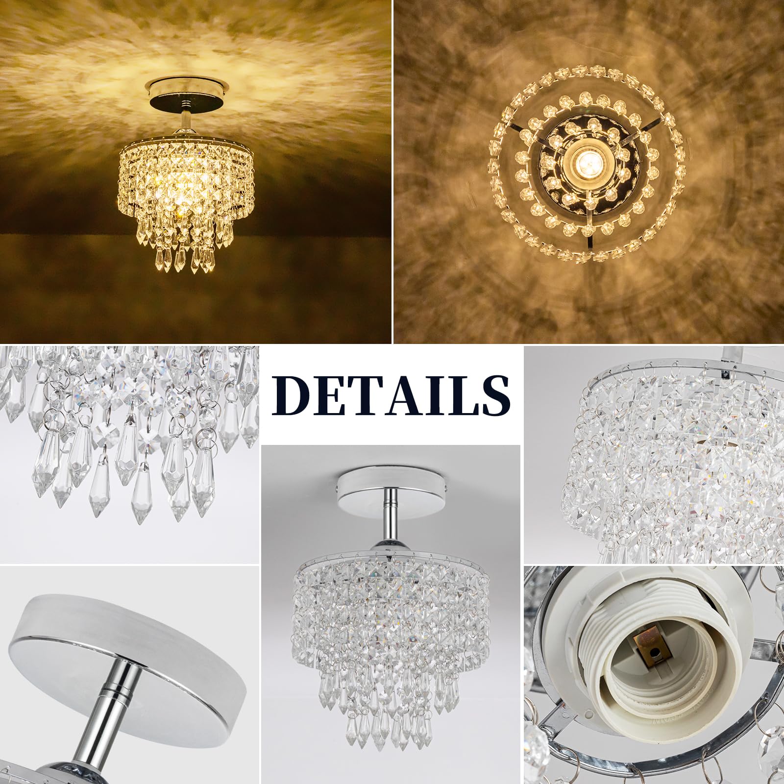 Hongnuofc 8'' Mini Crystal Chandelier 3-Tier Crystal Raindrop Semi Flush Mount Ceiling Light Fixture Small Chandelier For Bedroo