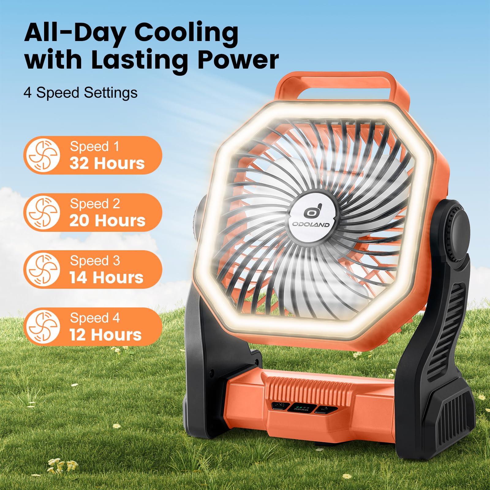 Odoland Rechargeable Camping Fan with 20000mAh Battery, LED Lantern, Portable Design, Orange, Model OD0729E