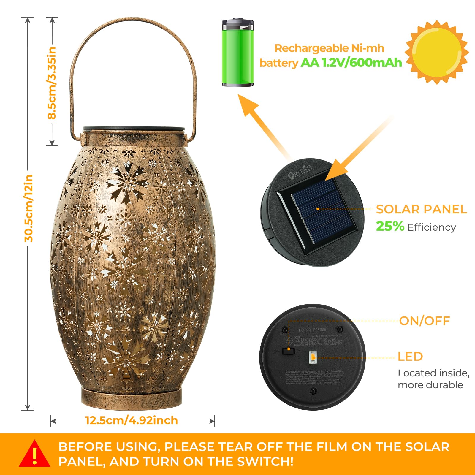 OxyLED Solar Lanterns - 2 Pack Waterproof Hanging Lights, Retro Bronze Metal for Yard, Patio, Tabletop, Model D80-0559N-20-US