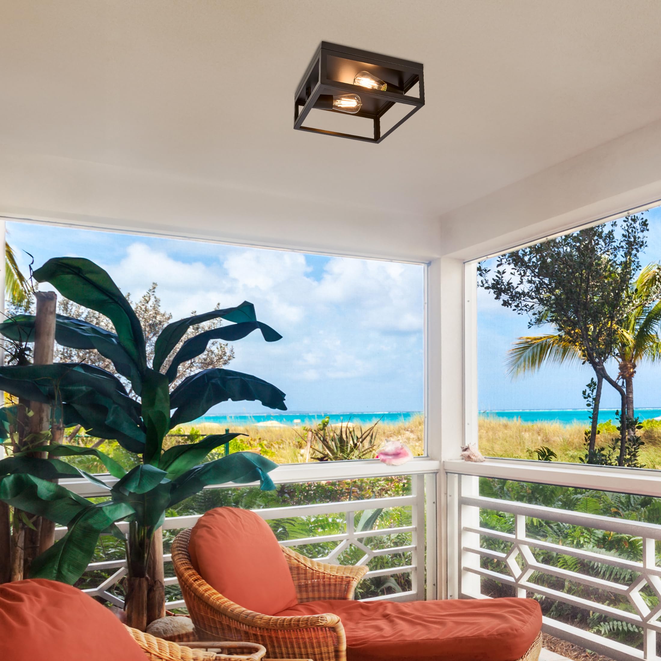 Maxxima Indoor/Outdoor Flush Mount Ceiling Light Fixture, 2-Light Square Farmhouse Close To Ceiling Entryway Light, Black, Bulbs