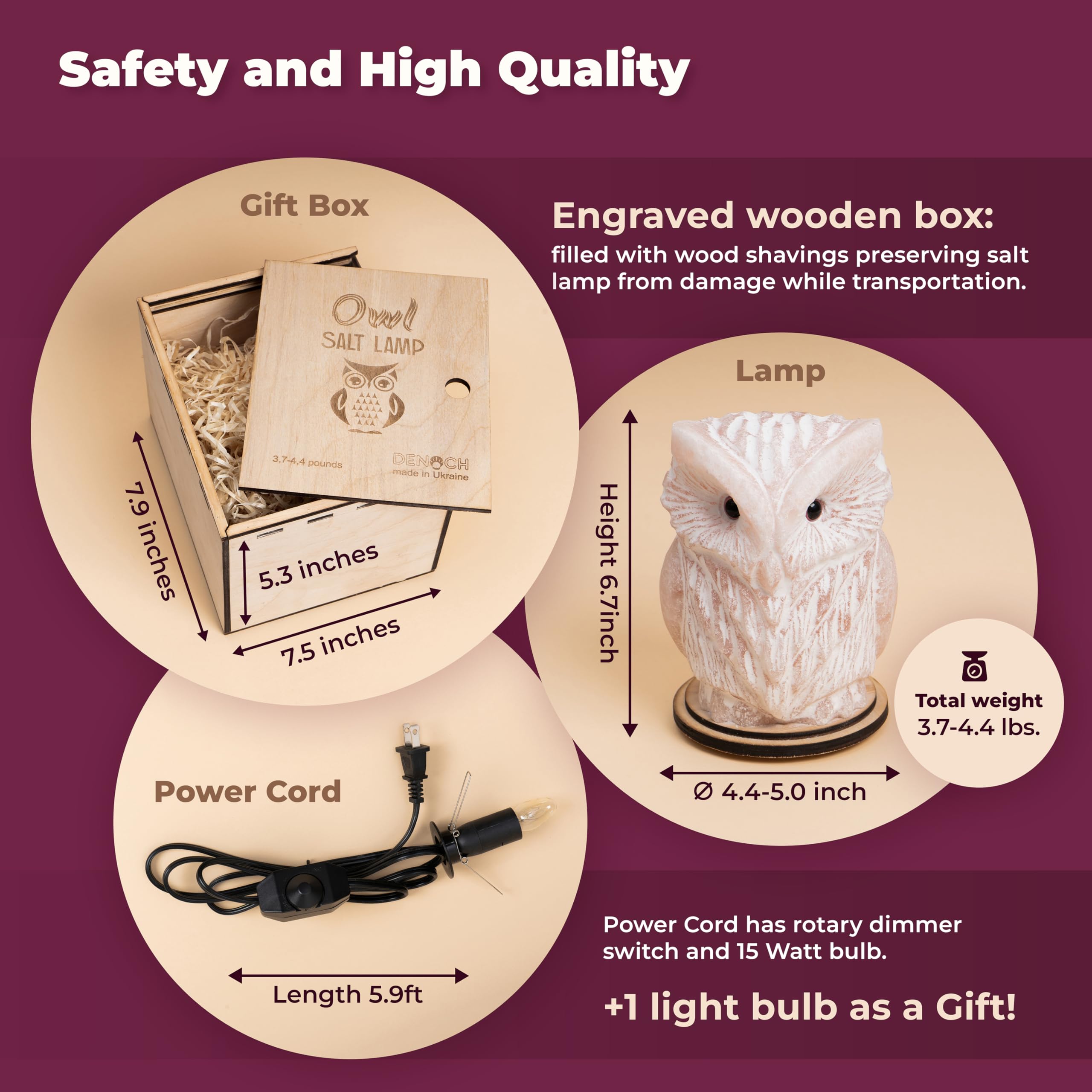 Owl Crystal Salt Lamp H 6.7   , 4.4 Lbs - Pure Natural Rock Salt - Unique Night Light Lamp - 1 Light Bulb As A Gift - Wooden Pre