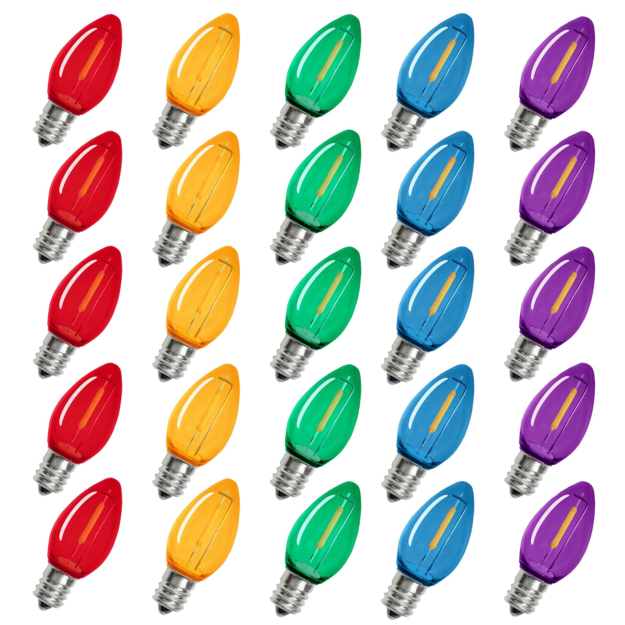 Multicolor C7 Christmas Replacement Led Light Bulbs, E12 Chandelier Base Commercial Grade Holiday Bulbs, 5W 6W 7W Incandescent E