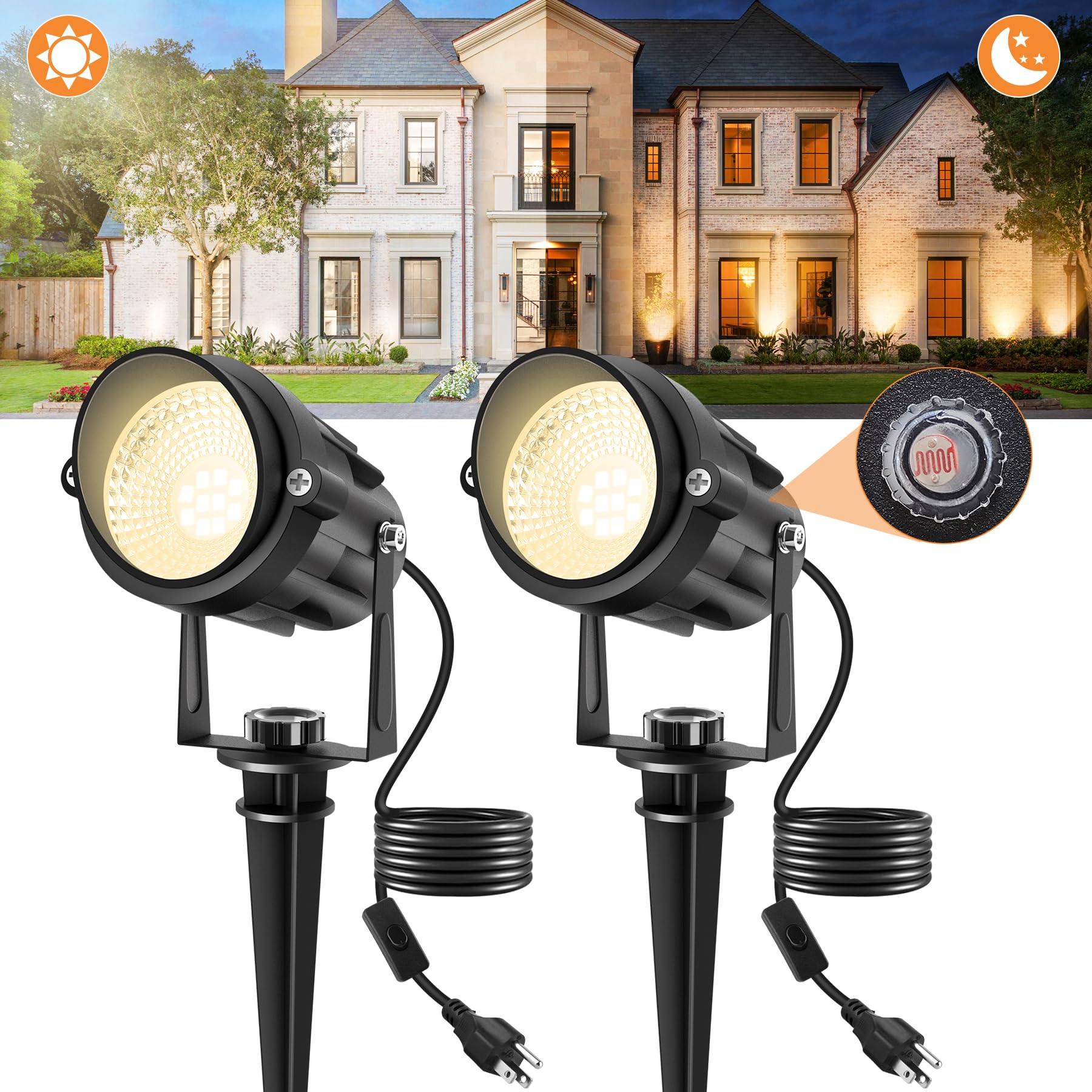 CREPOW Dusk to Dawn Outdoor LED Spotlight, Outdoor Landscape Lighting with Photocell Sensor, 3000K Warm White Outdoor Waterproof