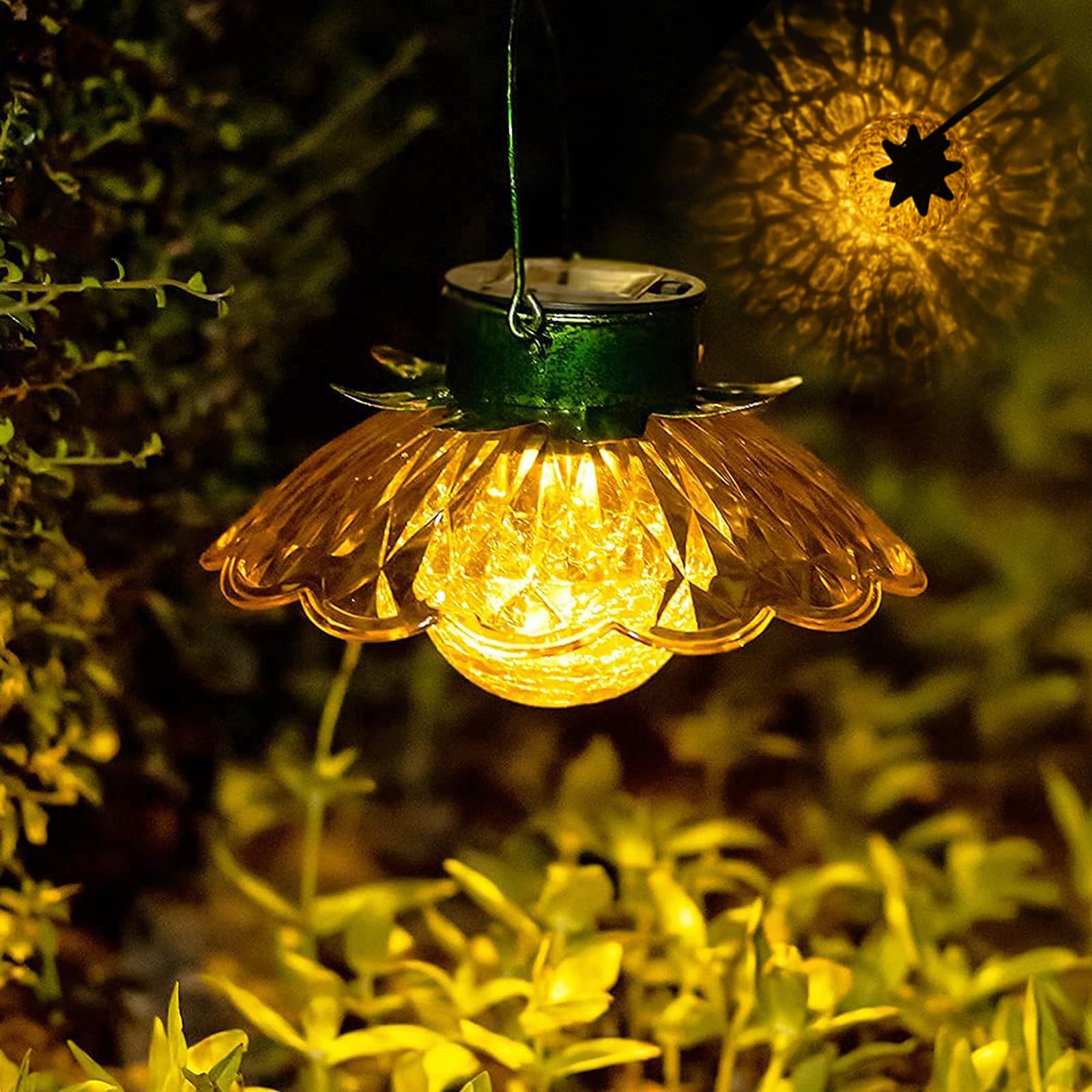 XUWEN Hanging Solar Lantern Outdoor - Yellow Solar Flower Lights with Crackle Globe Glass, Hanging Lanterns Decorative Outdoor f