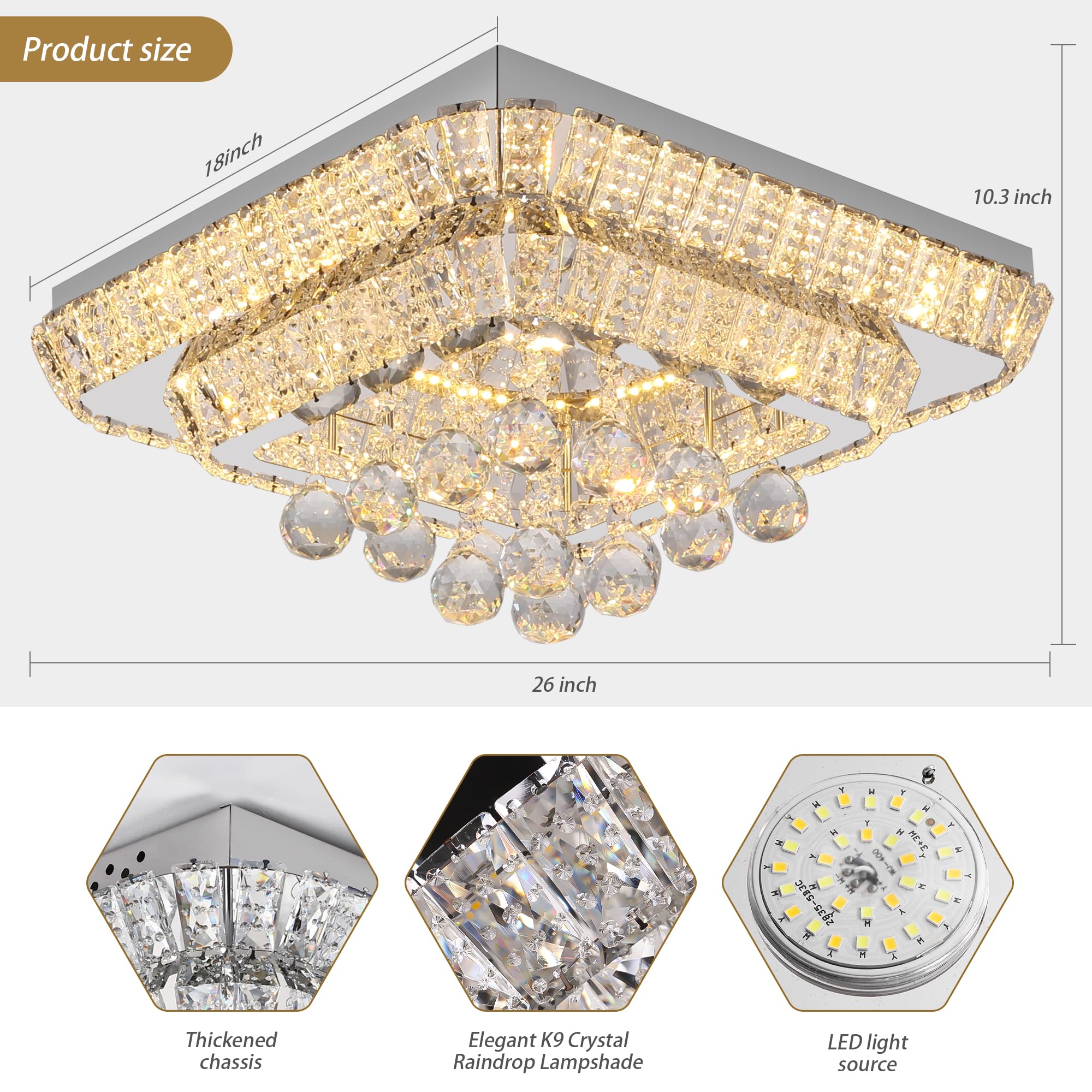 REDSTAR 18" Crystal Ceiling Light Flush Mount, Remote Control, Adjustable Brightness, Silver Stainless Steel, Model A228-18in-1