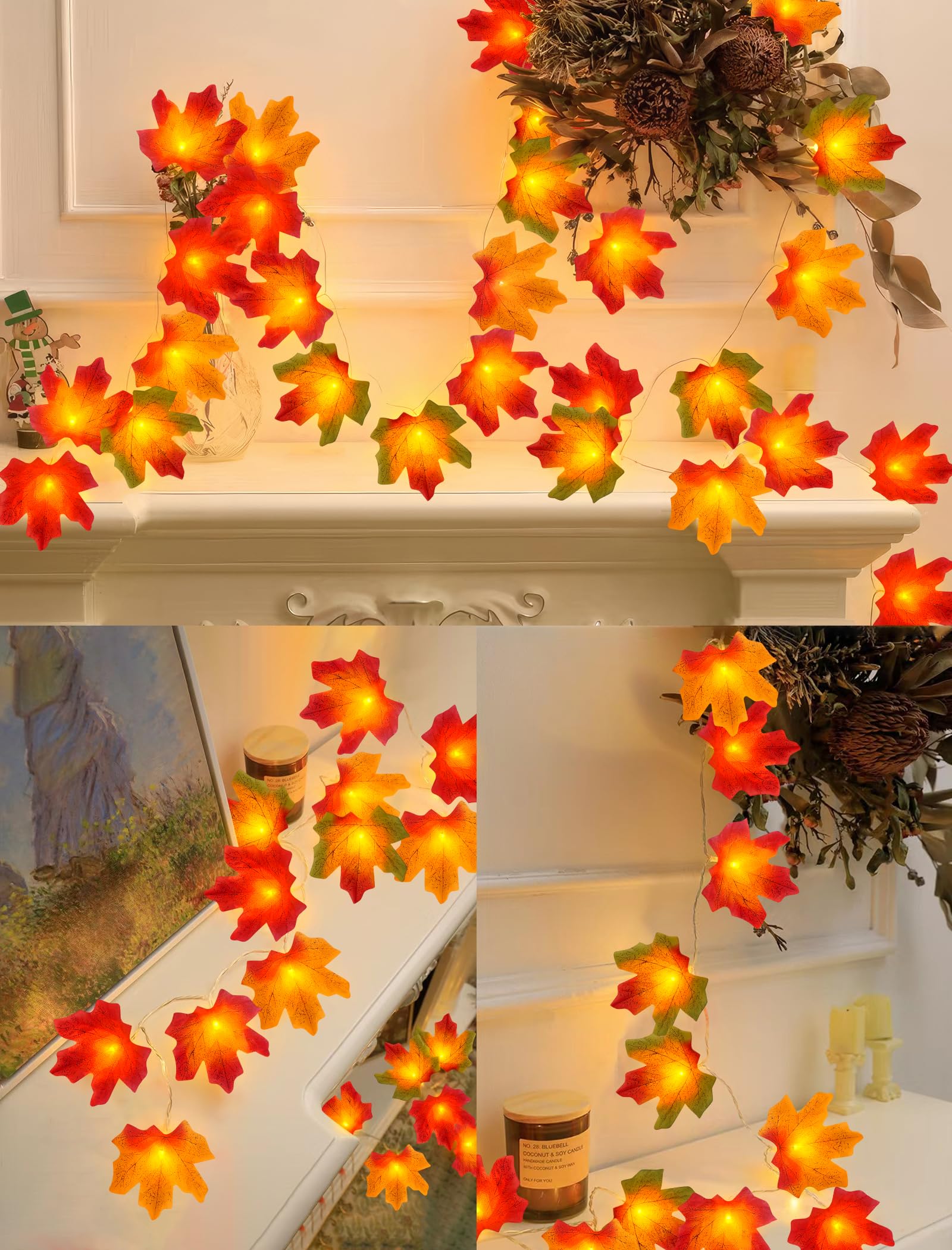 Eoako 20Ft Led Fall Maple Leaves String Lights - Warm White Outdoor Decor For Halloween & Thanksgiving