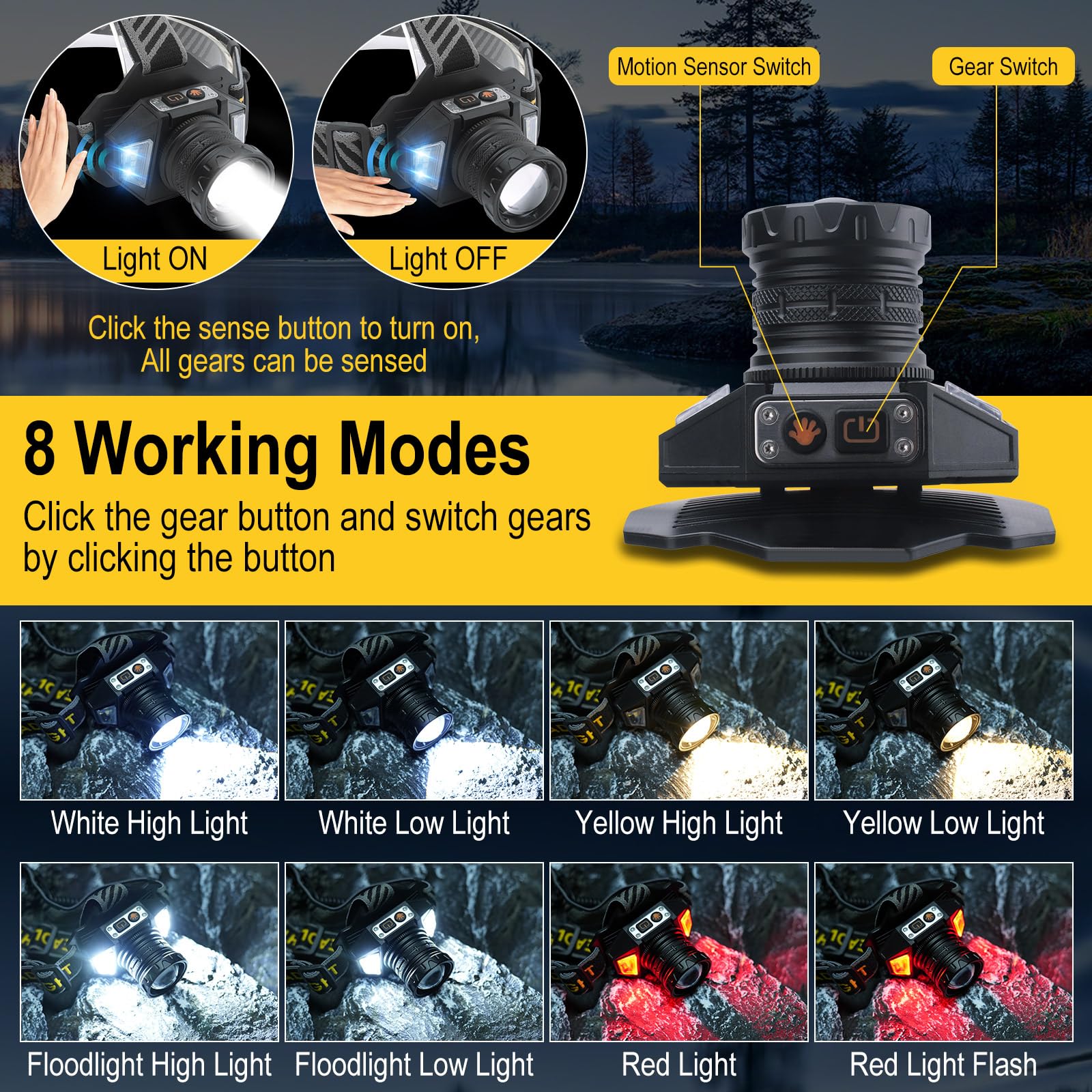 BORUIT LED Headlamp T503B - Rechargeable, Super Bright, 8 Modes, IPX4 Waterproof, Black, with Red Light for Camping, Hiking, Fishing