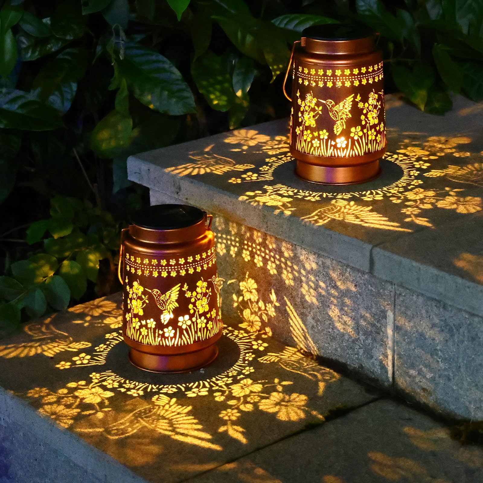 2 Pack Hummingbird Solar Lanterns Outdoor Waterproof Hanging Solar Lights Gifts for Women Metal LED Lanterns Outside for Garden,