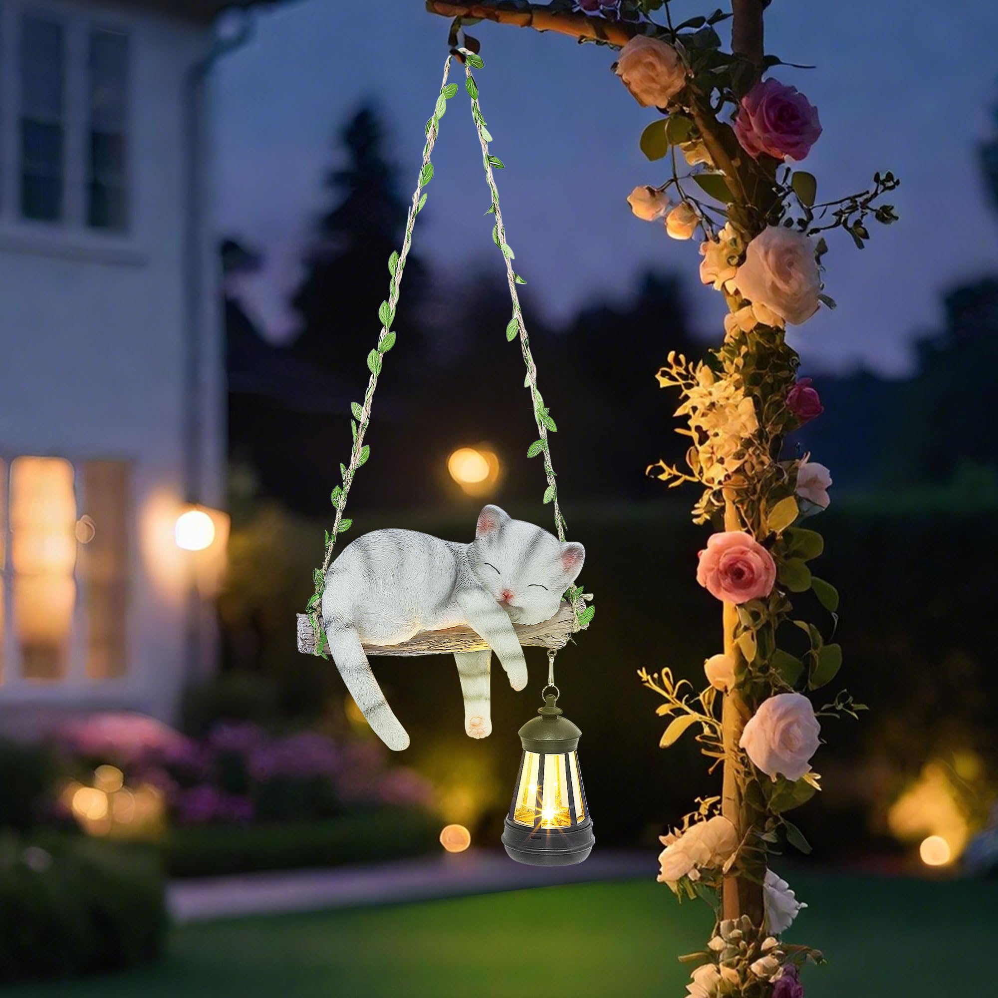 ZaaYee Solar Lighted Garden Statue - 22.6" Resin Cat with Lantern, Gray, Model LIECAT, Outdoor Hanging Decoration
