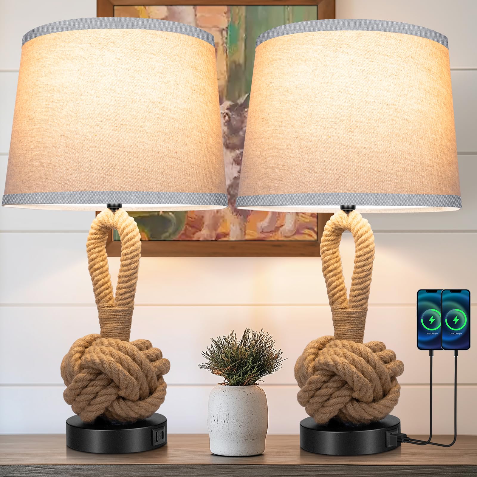 Rope Rattan Lamp Set Of 2: Boho Table Lamp With Usb A+C Ports, 3-Color Temperatures Bedside Lamps With Rotary Switch, Night Stan