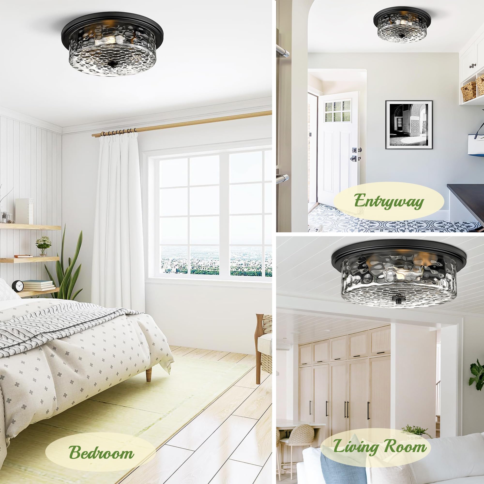 Odeums 16&quot; Black Industrial Flush Mount Ceiling Light, 3-Light Fixture For Kitchen & Living Room