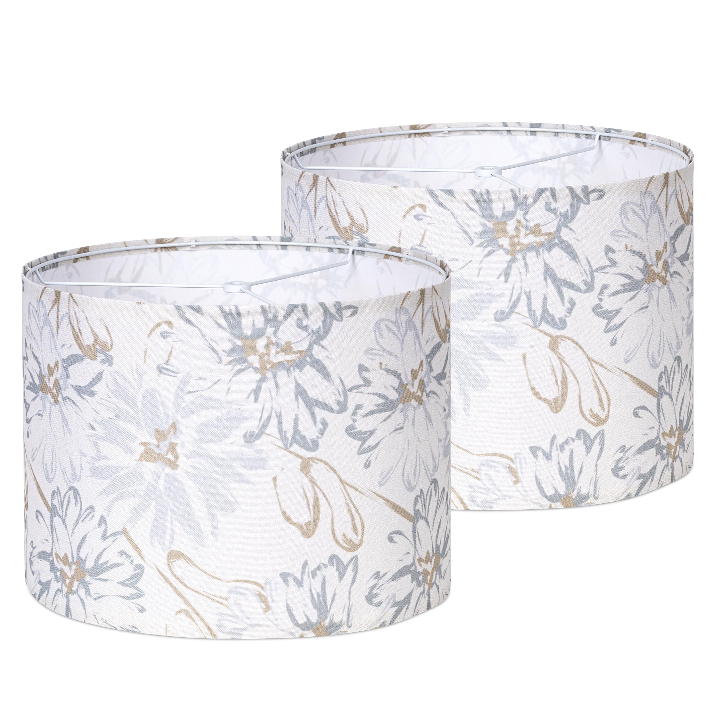 AELS Boho Lamp Shades Set of 2  Floral Fabric Drum Lampshades for Table or Floor Lamps  13x13x10 Medium Size (Spider Fitter)  Easy Assembly Required