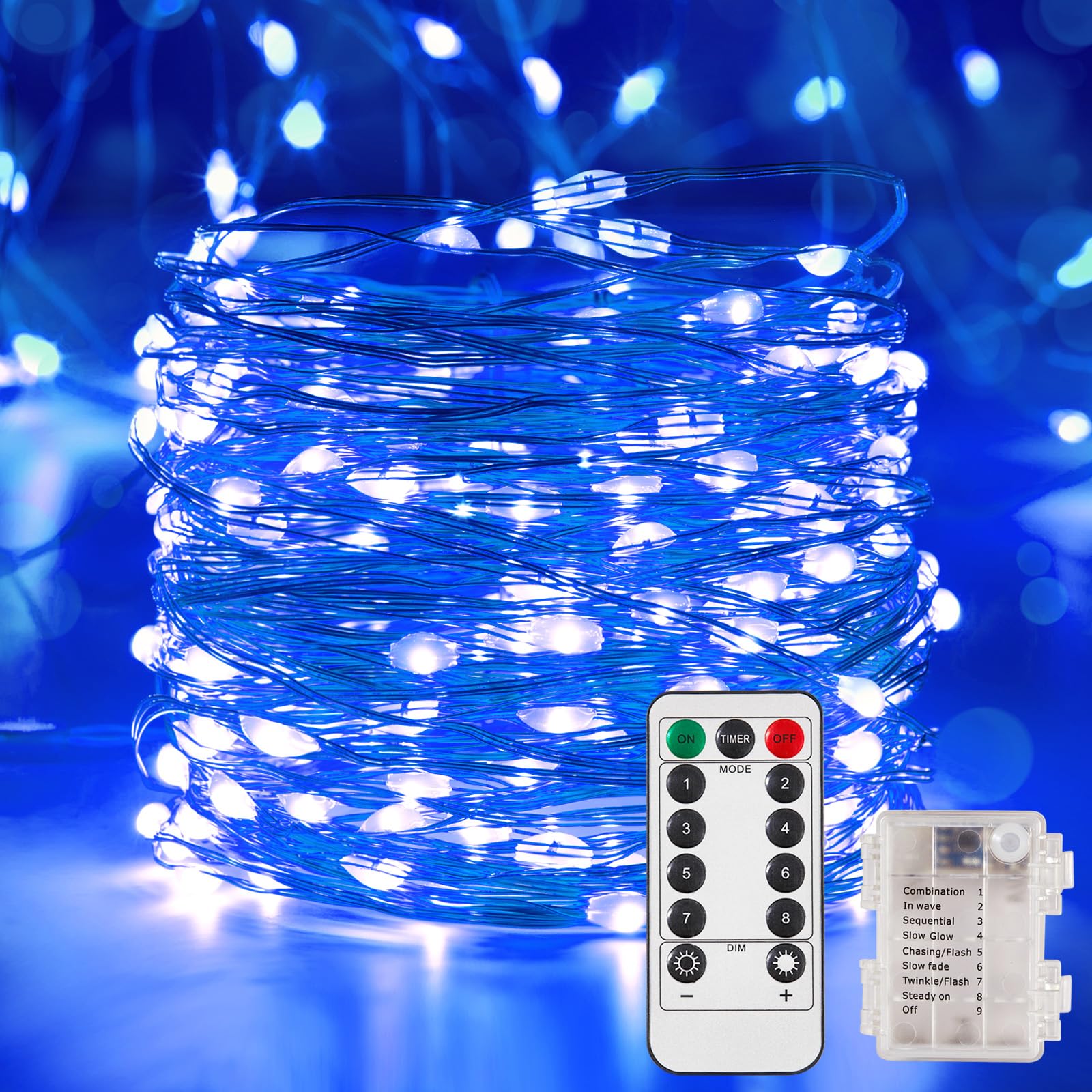 Ariceleo 4 Pack 32.8 Ft. Battery Operated Outdoor String Lights with Remote & Timer  LED Blue Fairy Lights  Waterproof Twinkle Lights for Bedroom  Dorm  Mason Jar  Wedding  Party  Christmas