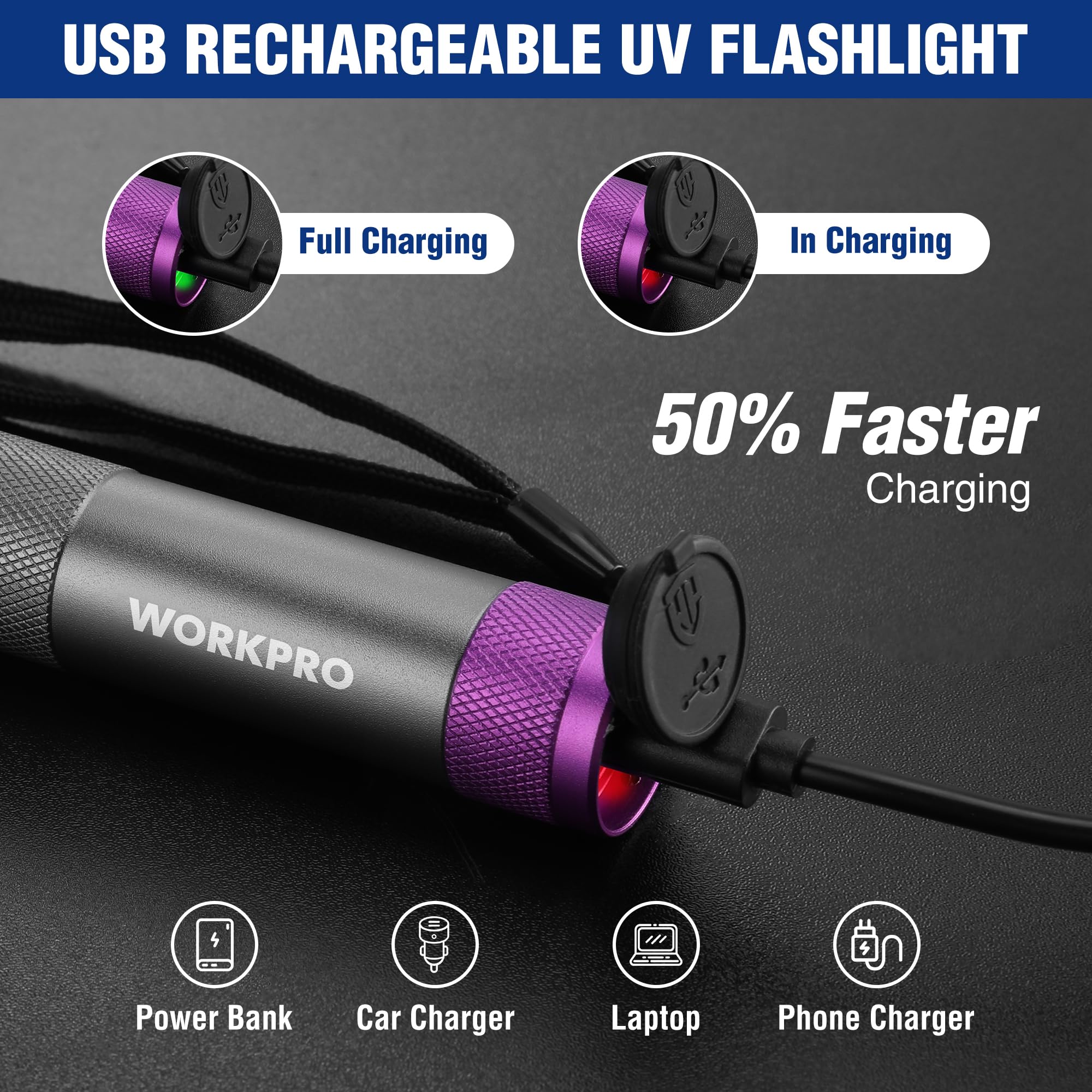 Workpro Uv Flashlight Black Light, 365Nm Uv Rechargeable Flashlight, Small Portable Black Light For Pet Dog Urine, Stains Detect
