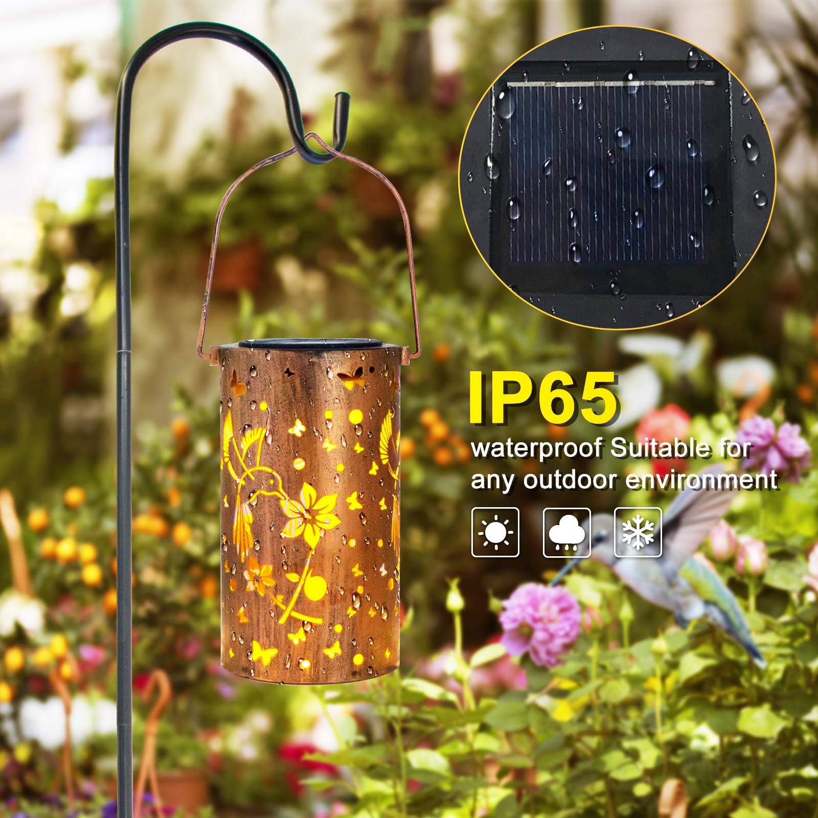 4 Packs Solar Lanterns Outdoor Hanging Lantern Lights, 4 Hummingbird Hollowed-Out Metal Decor Lantern, Waterproof Led Decorative